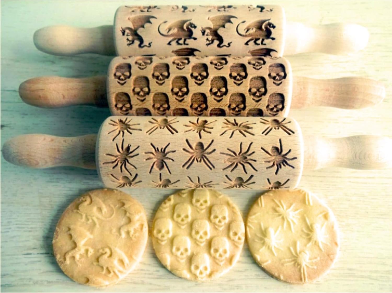 3 mini Embossed Rolling Pin Set WILD with Bees, Meadow and Forest Patterns by Algis Crafts for Cookies and Pottery by Algis Crafts