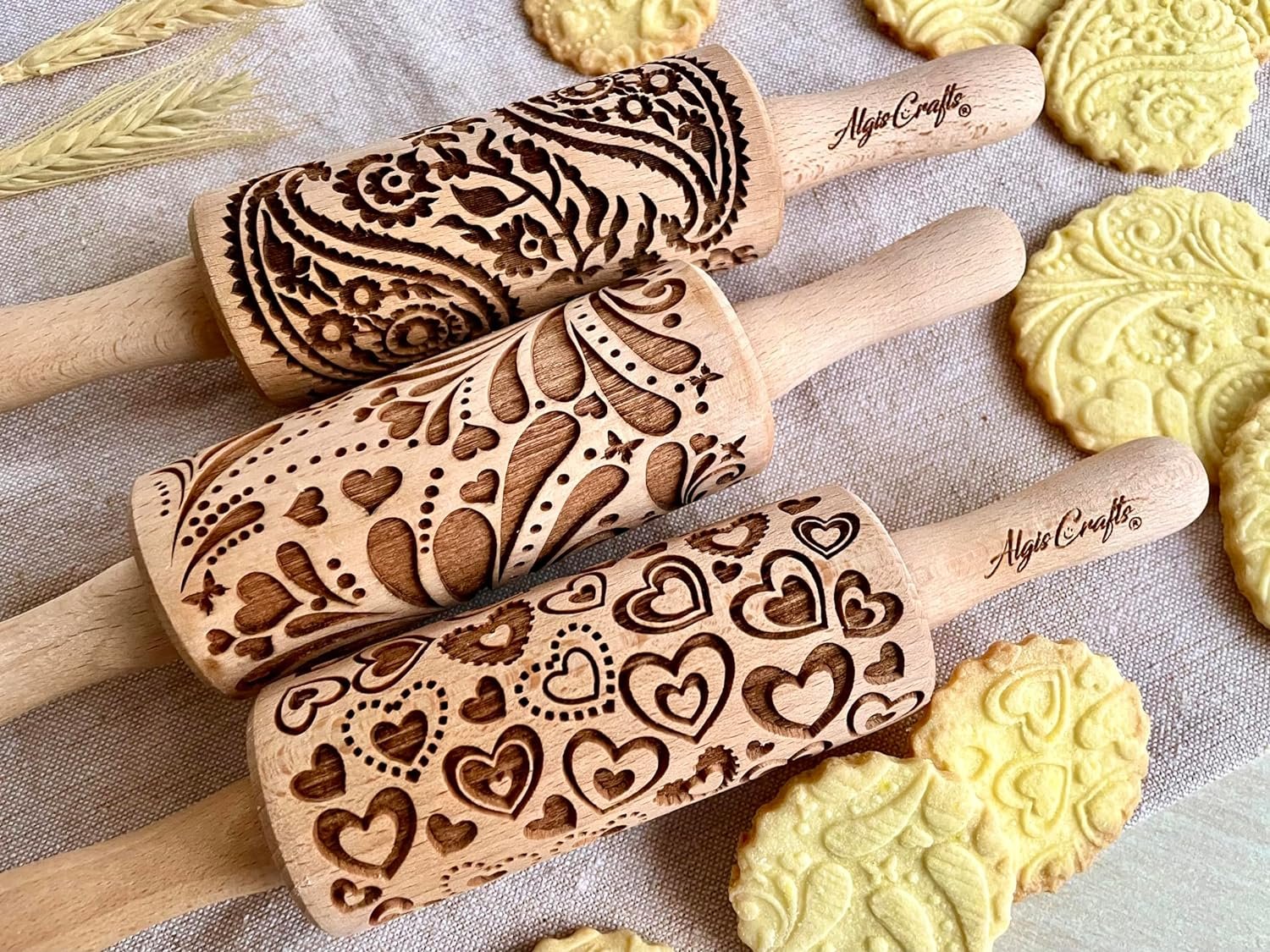 3 mini Embossed Rolling Pin Set WILD with Bees, Meadow and Forest Patterns by Algis Crafts for Cookies and Pottery by Algis Crafts