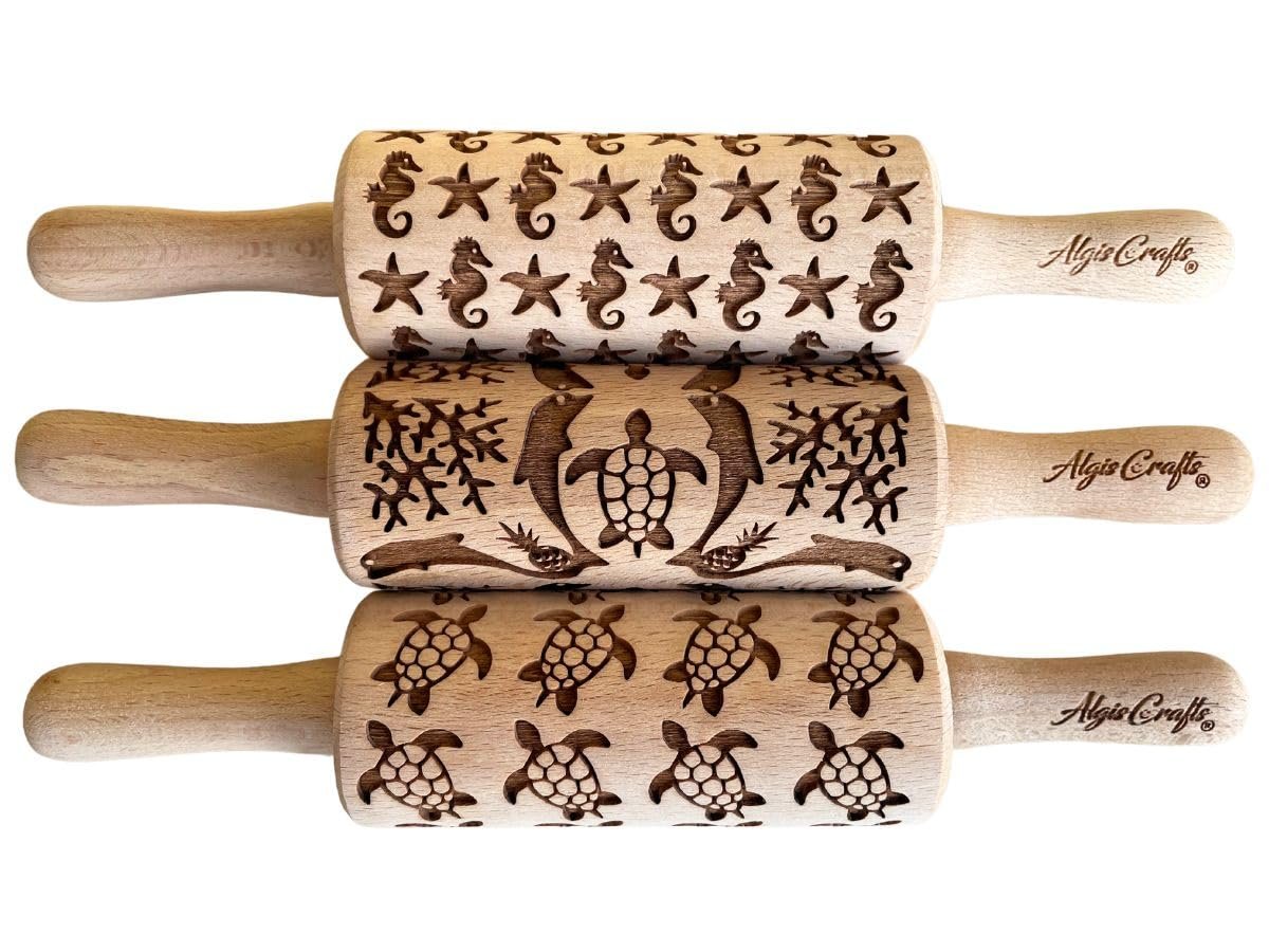 3 mini Embossed Rolling Pin Set WILD with Bees, Meadow and Forest Patterns by Algis Crafts for Cookies and Pottery by Algis Crafts
