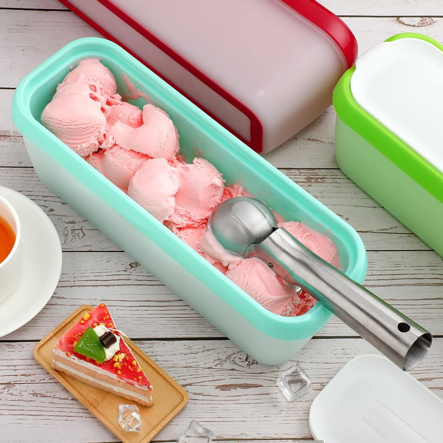 3 Pack Ice Cream Containers with Lid Reusable Ice Cream Maker or Homemade Ice Cream 1.5 Quart, Included Stainless Steel Ice Cream Scooper, 3 Colors