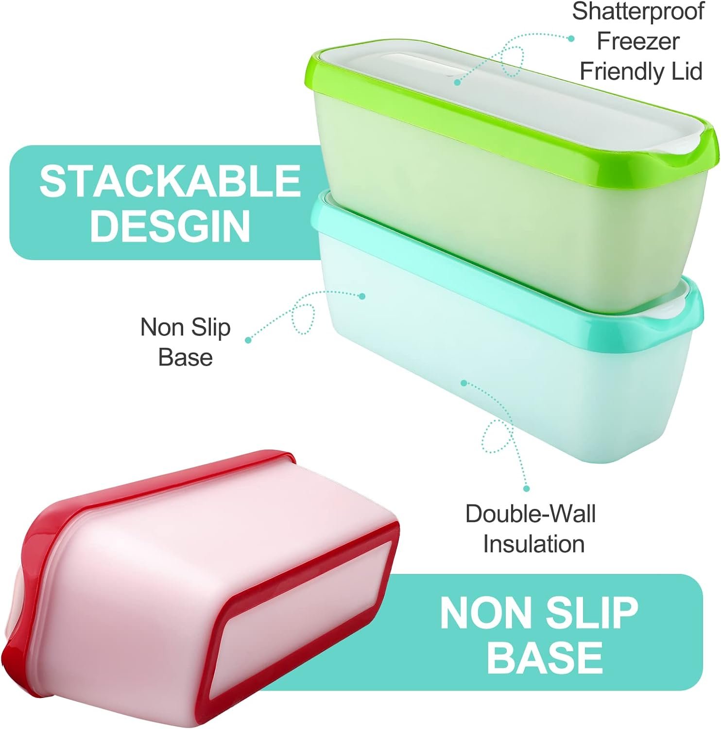 3 Pack Ice Cream Containers with Lid Reusable Ice Cream Maker or Homemade Ice Cream 1.5 Quart, Included Stainless Steel Ice Cream Scooper, 3 Colors