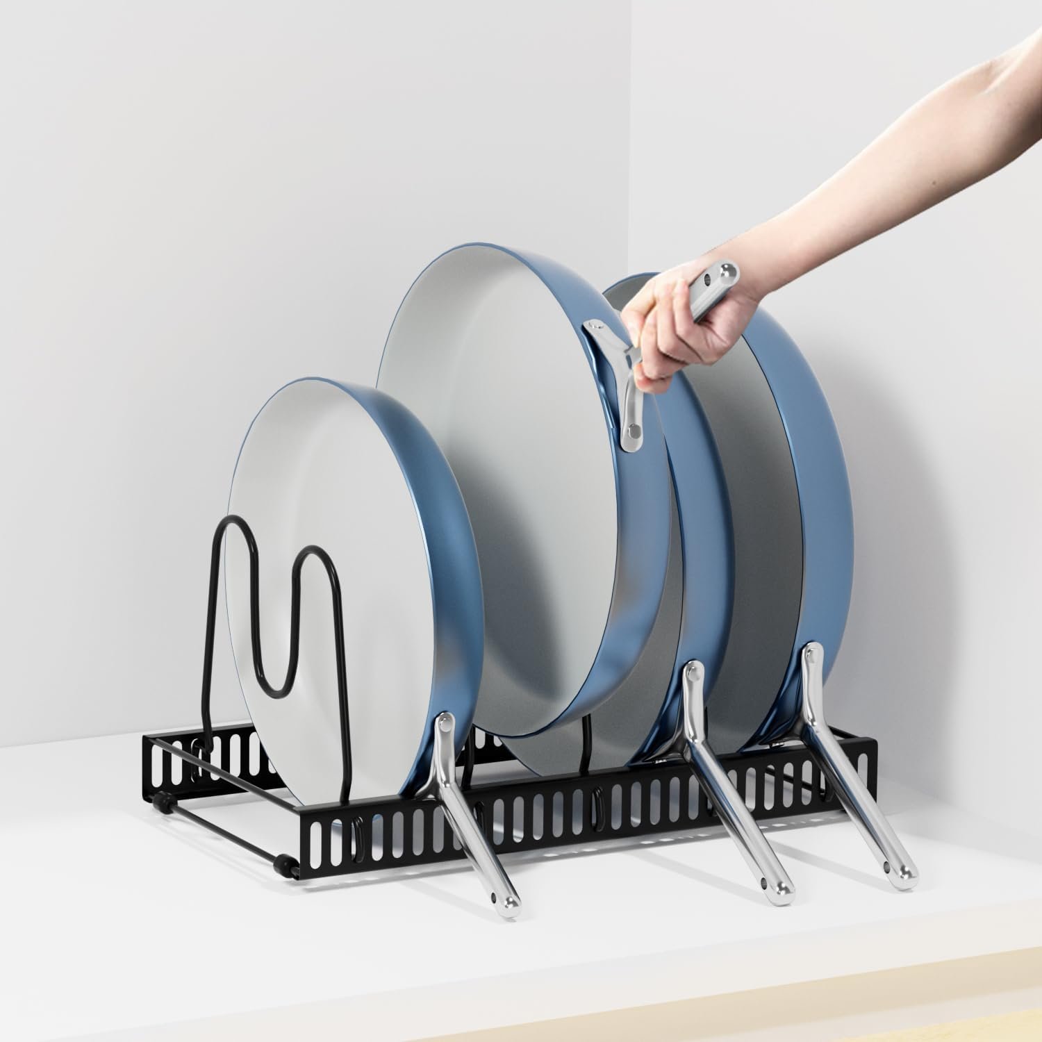 3 Pack Pots and Pans Organizer Rack for Cabinet, Adjustable Pot Lid Holder, Bakeware Organizer Cookware Rack for Kitchen Cabinet Pantry Storage