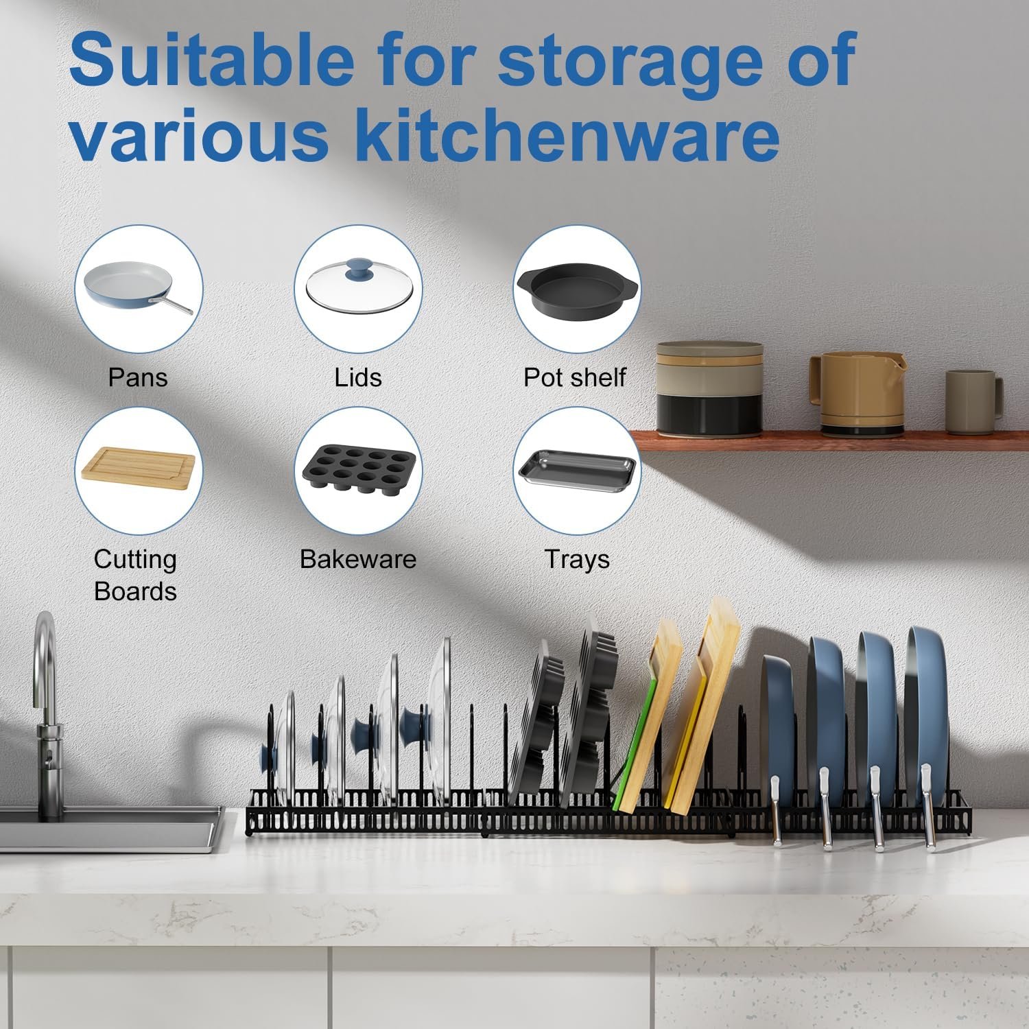 3 Pack Pots and Pans Organizer Rack for Cabinet, Adjustable Pot Lid Holder, Bakeware Organizer Cookware Rack for Kitchen Cabinet Pantry Storage