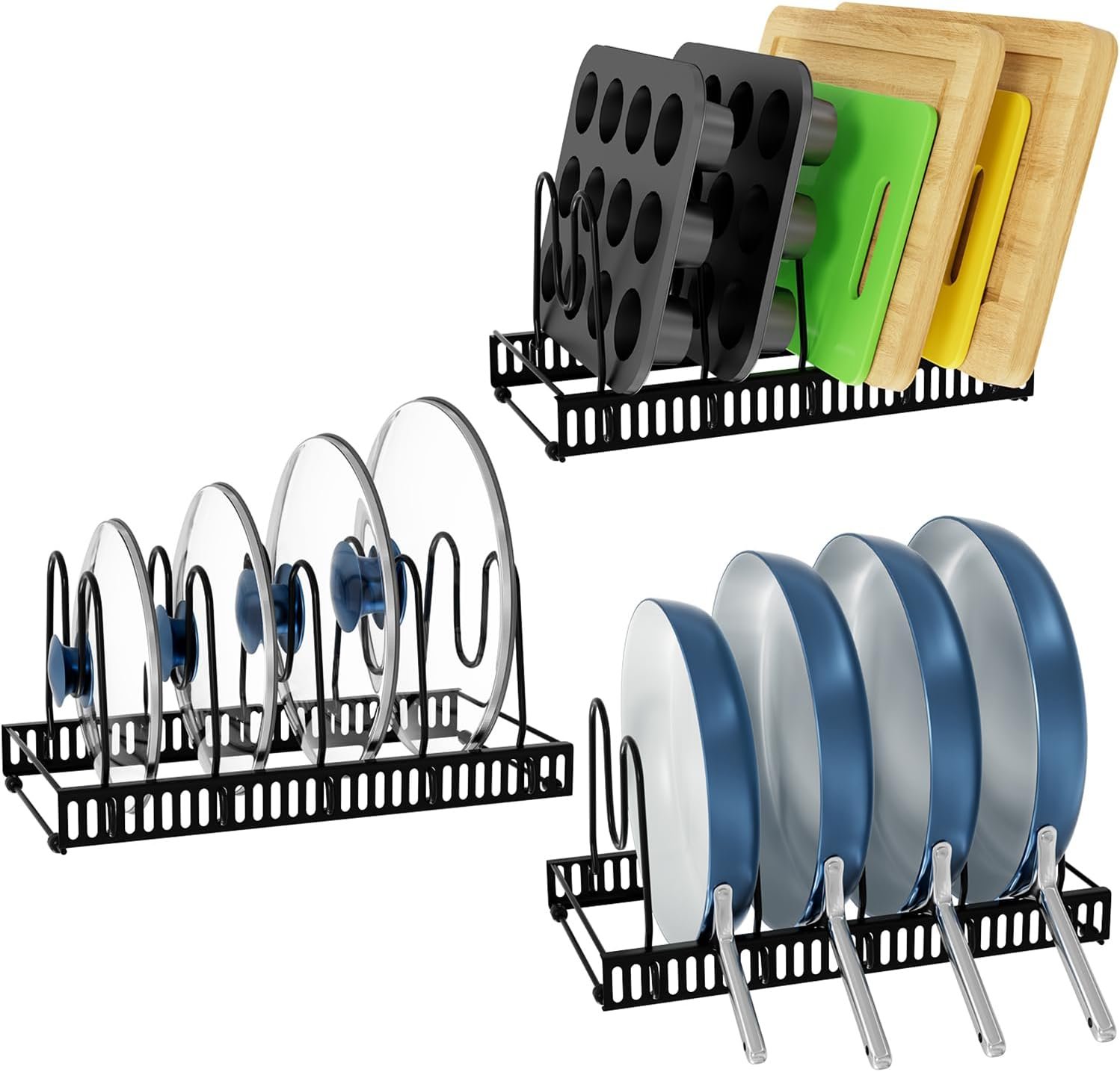 3 Pack Pots and Pans Organizer Rack for Cabinet, Adjustable Pot Lid Holder, Bakeware Organizer Cookware Rack for Kitchen Cabinet Pantry Storage