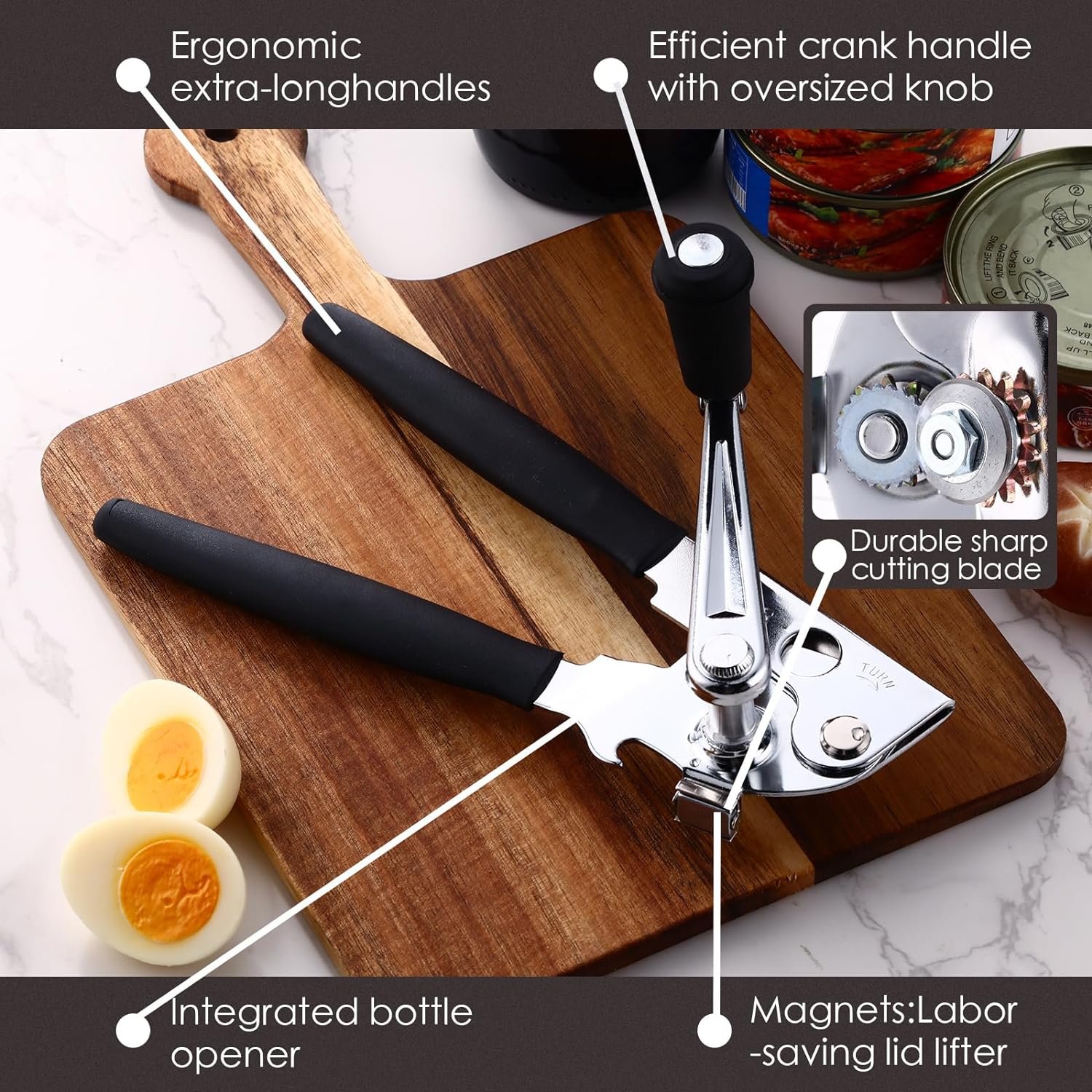 3 Pcs Commercial Can Opener Manual, Heavy Duty Can Opener with Magnet, Stainless Steel Handheld Can Opener with Folding Easy Crank Handle Oversized Knob for Big Cans and All Size Cans