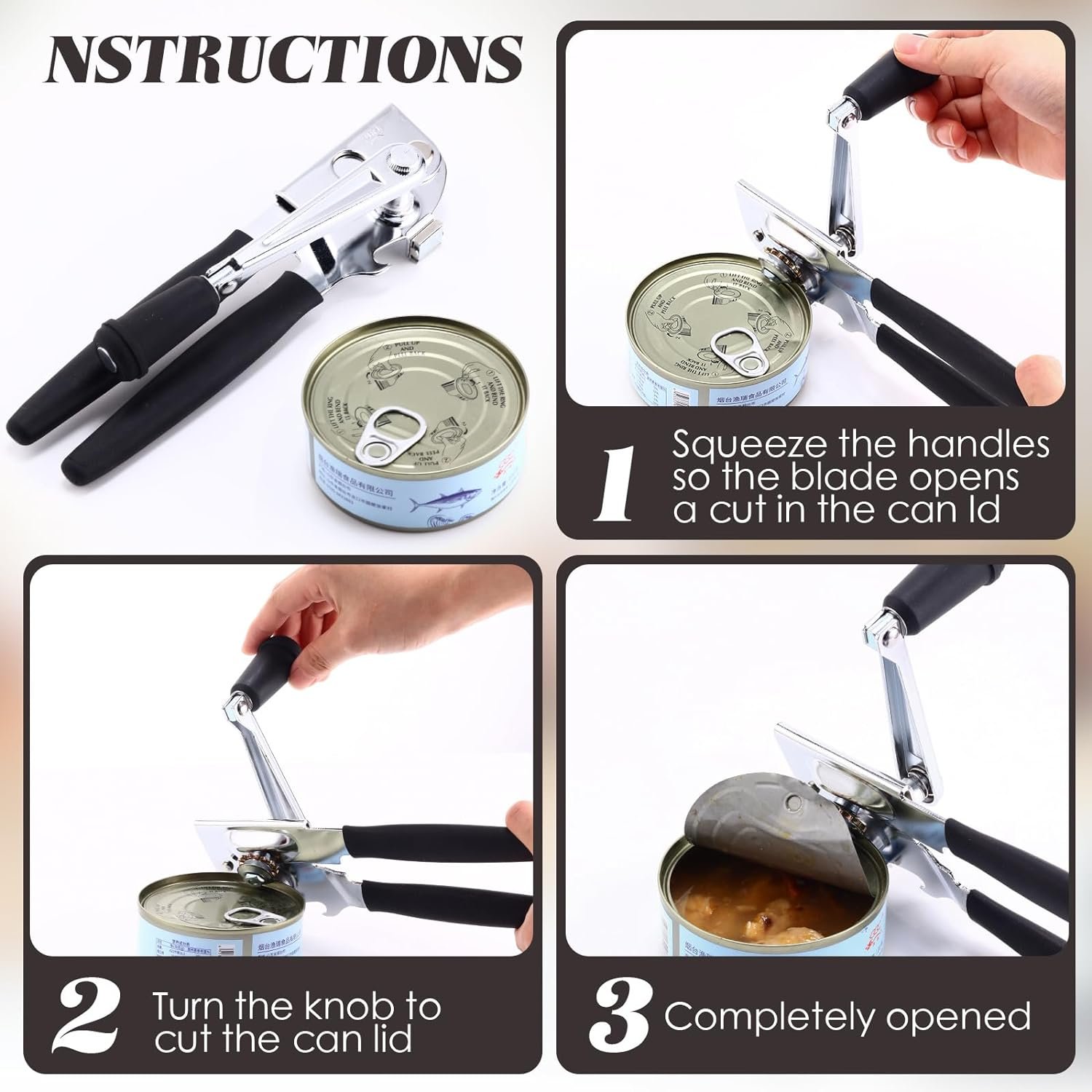 3 Pcs Commercial Can Opener Manual, Heavy Duty Can Opener with Magnet, Stainless Steel Handheld Can Opener with Folding Easy Crank Handle Oversized Knob for Big Cans and All Size Cans