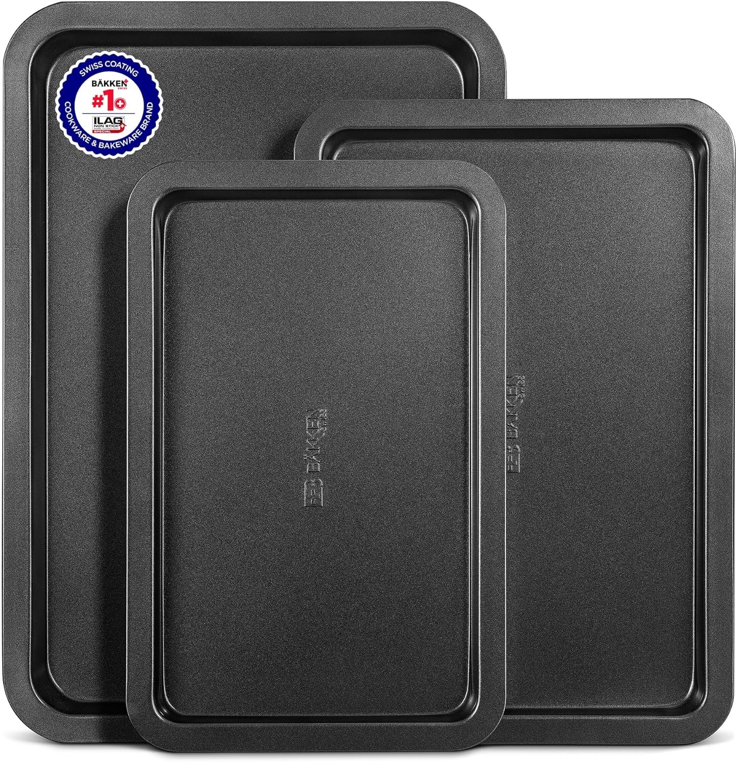 3 Piece Set Nonstick Carbon Steel Oven Bakeware -Professional Quality Kitchen Cooking Baking Trays -PFOA, PFOS, PTFE-Free Small, Medium  Large Baking Sheet Pans