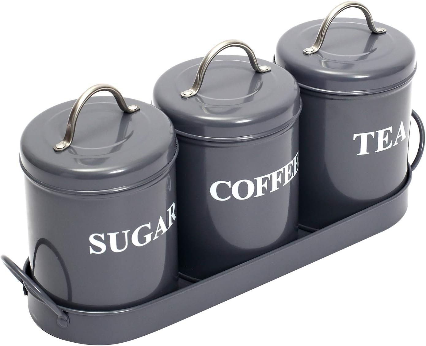 3-Piece Vintage, Retro, Farmhouse Metal Containers with Lids, Coffee, Tea, Sugar Set Canister With Tray For Food Storage, Gray