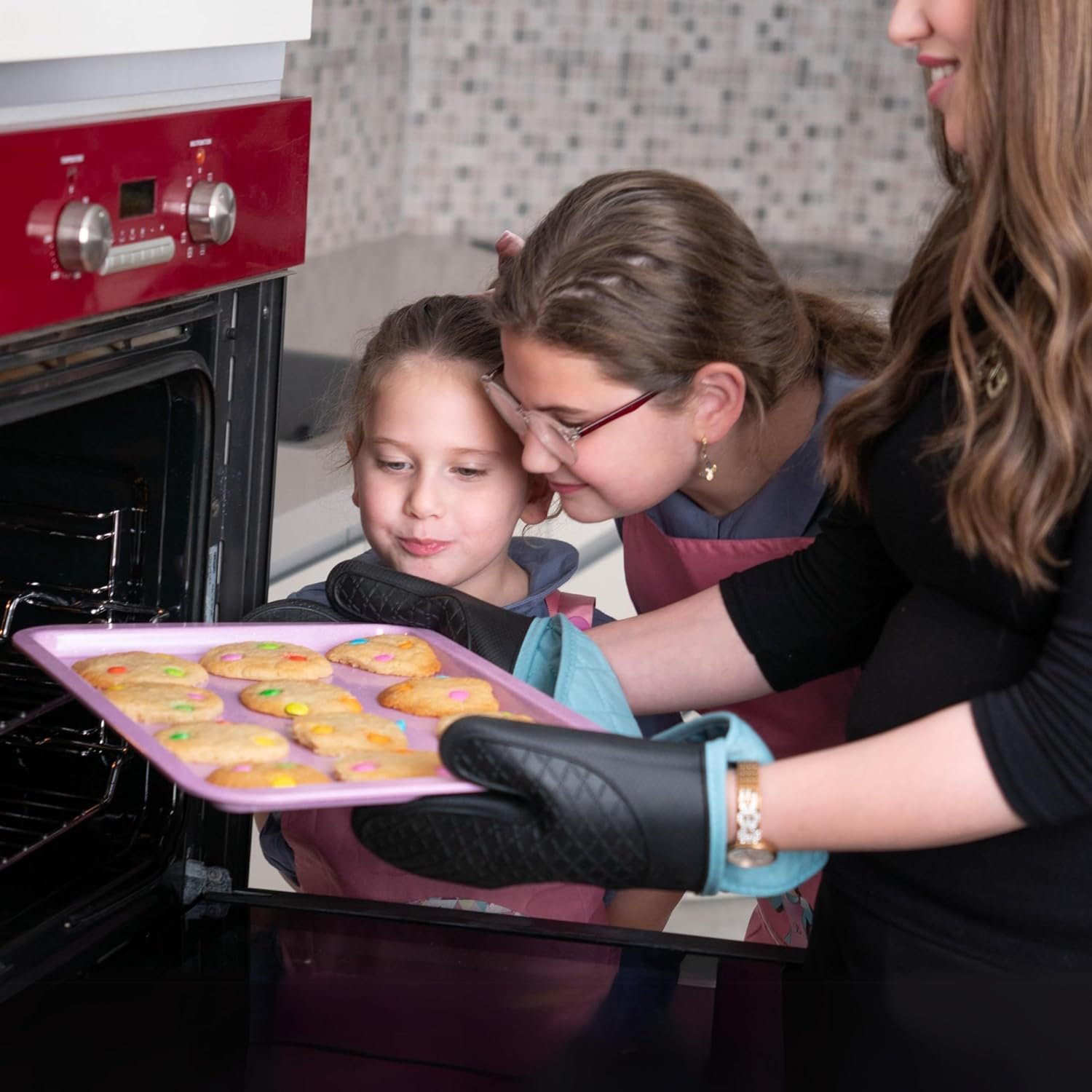 3 Pink Baking Sheet with Cooling Rack Pink Pans Set - Pink Cookie Sheet for Baking Nonstick with Wire Rack - Set of 3 Pink Baking Sheets for oven