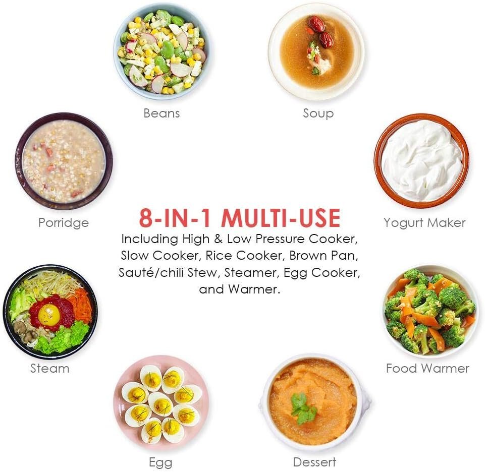 3 Quart Pressure Cooker 8 IN 1 Multi Use Programmable Instant Cooker Electric Pressure Pot with Slow Cooker, Rice Cooker, Steamer, Sauté, Brown, Warmer