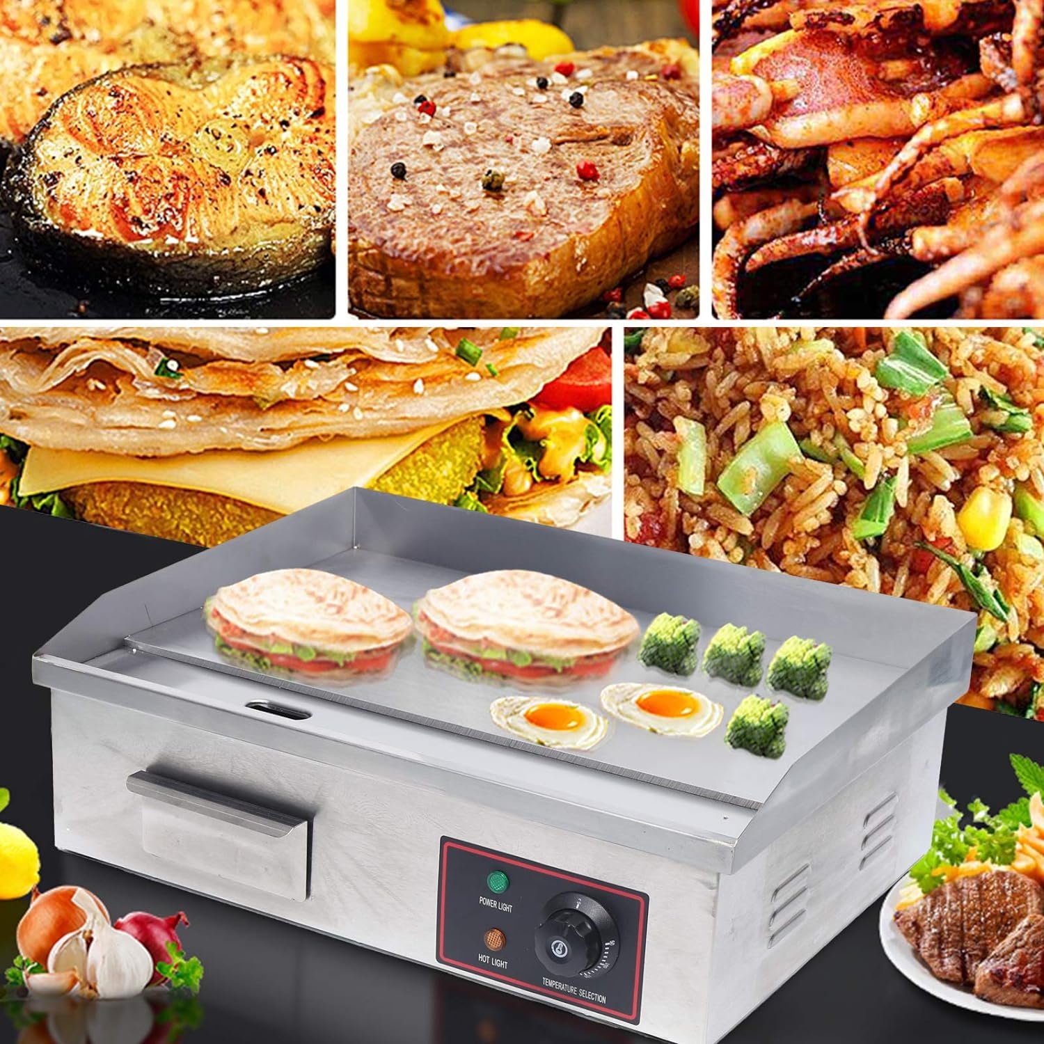 3000W 22 Commercial Electric Countertop Griddle Stainless Steel BBQ Flat Top Grill Hot Plate, Adjustable Temperature Control 50°C to 300°C, for Kitchen Restaurant