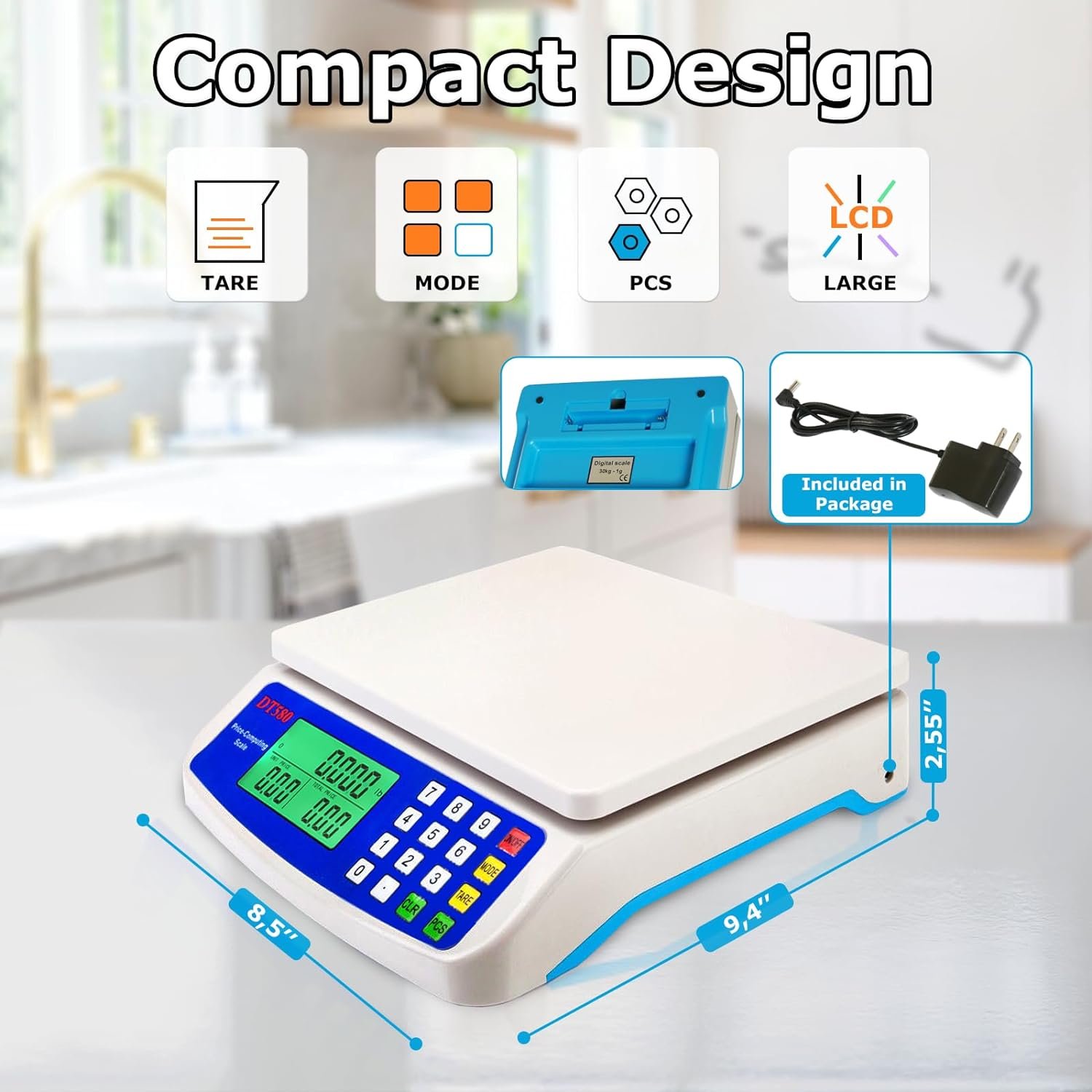 30kg x 1g Electronic Computing Scale, MOCCO LCD Digital Commercial Food Produce Scales 66LB Capacity with AC Adapter for Meat Weighting Kitchen Stores Restaurant Market