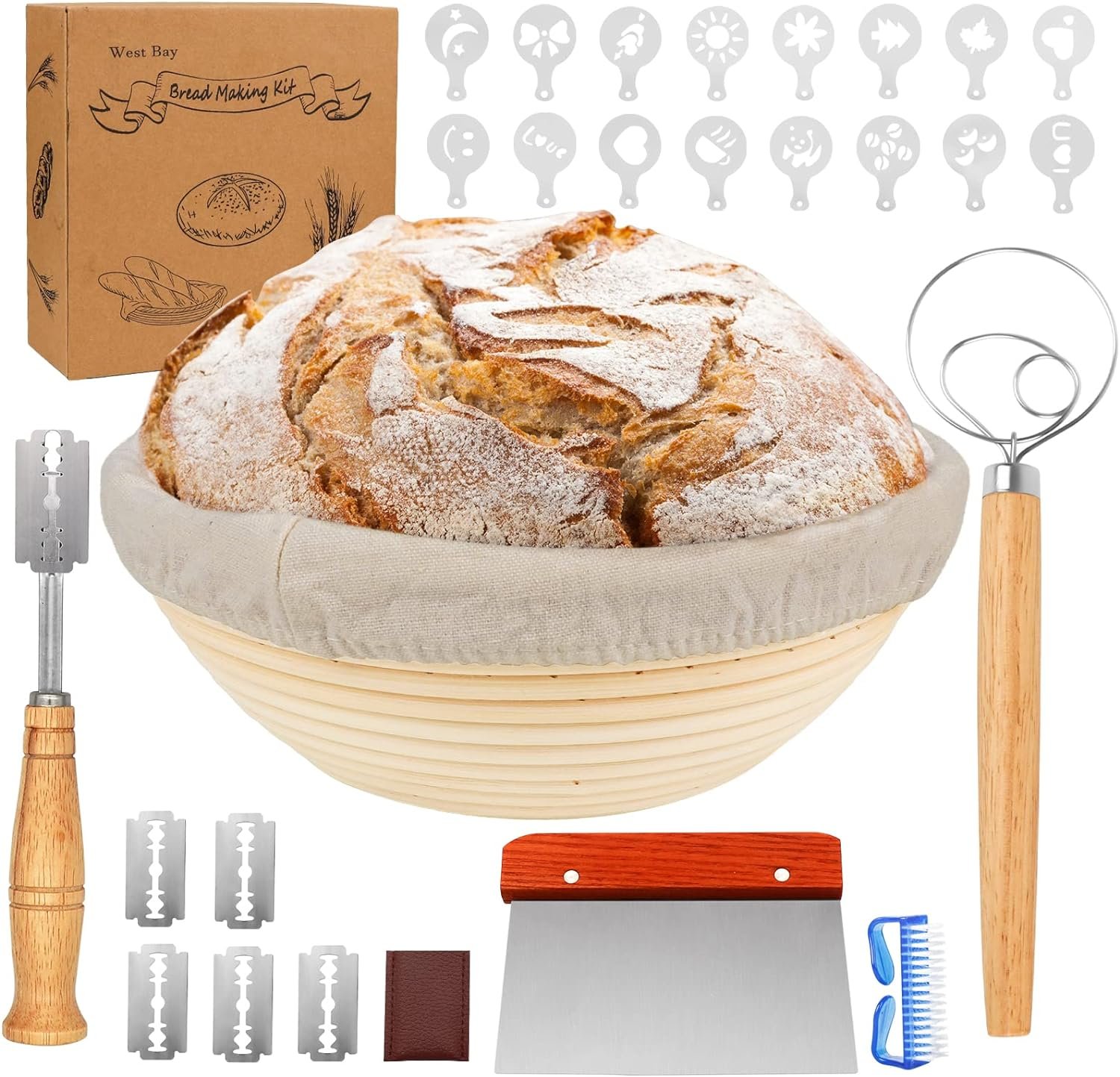 32Pcs Bread Proofing Basket Set, West Bay 10 Inch Round  8 Inch Oval Cane Sourdough Basket w/Bread Lame Dough Scraper Linen Liner Brush Flouring Stencils Fermentation Danish Dough Whisk Fathers Day