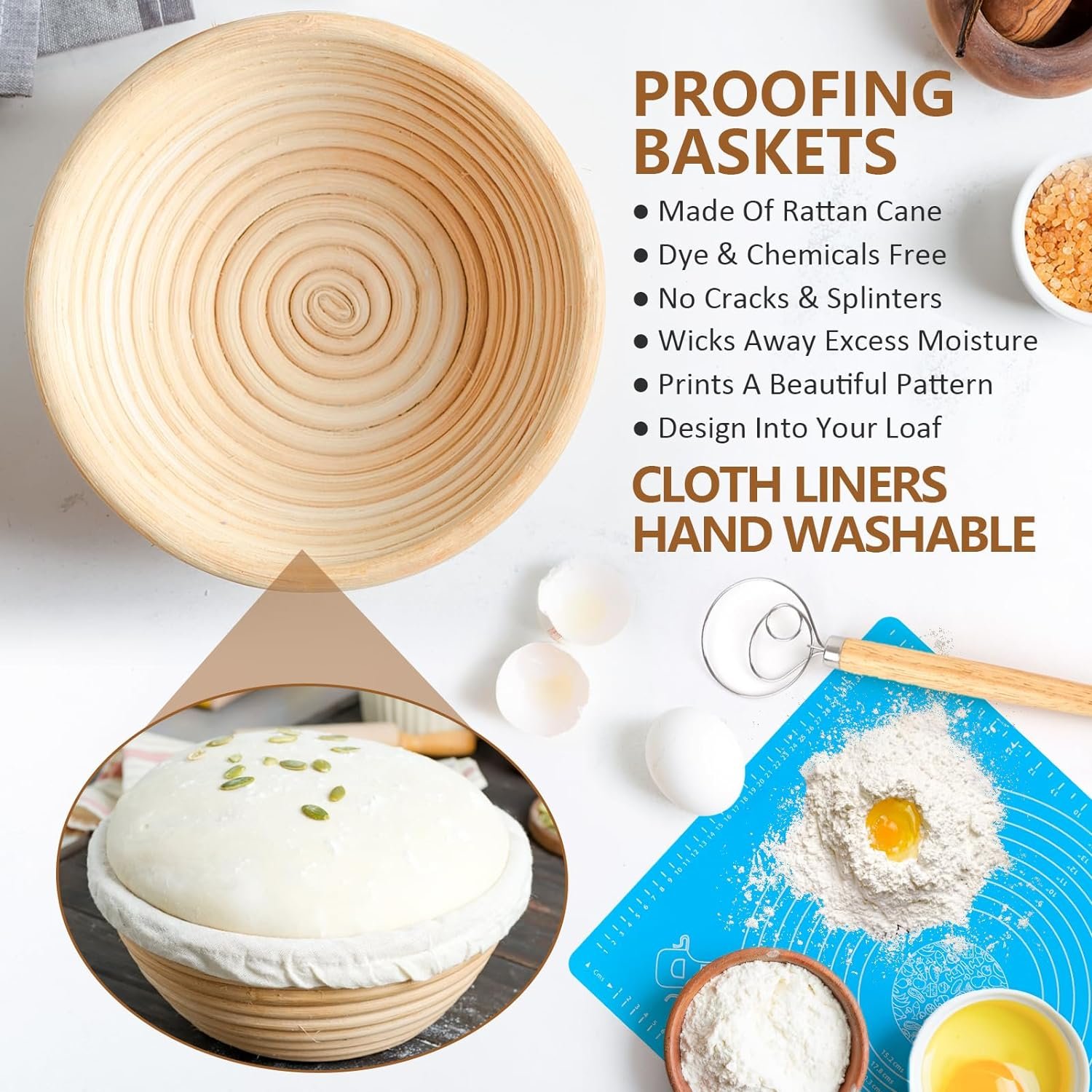 32Pcs Bread Proofing Basket Set, West Bay 10 Inch Round  8 Inch Oval Cane Sourdough Basket w/Bread Lame Dough Scraper Linen Liner Brush Flouring Stencils Fermentation Danish Dough Whisk Fathers Day