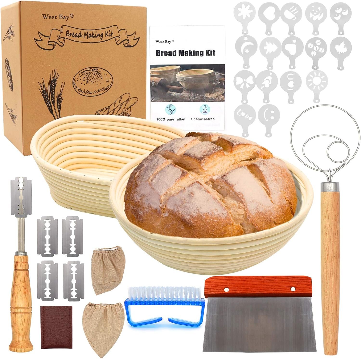 32Pcs Bread Proofing Basket Set, West Bay 10 Inch Round  8 Inch Oval Cane Sourdough Basket w/Bread Lame Dough Scraper Linen Liner Brush Flouring Stencils Fermentation Danish Dough Whisk Fathers Day