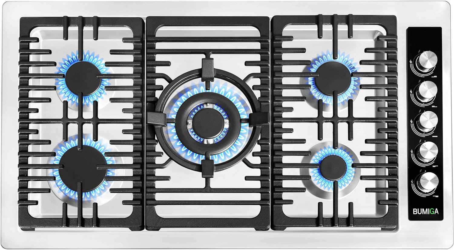 36 In Gas Cooktop Stainless Steel White LED knobs, 270 degree valve, Pot rack, 5 Italy SABAF Sealed Burners counter-Top Cooker, Cast Iron Grate, Built-In Hob, Flame Failure Protection, NG/LPG