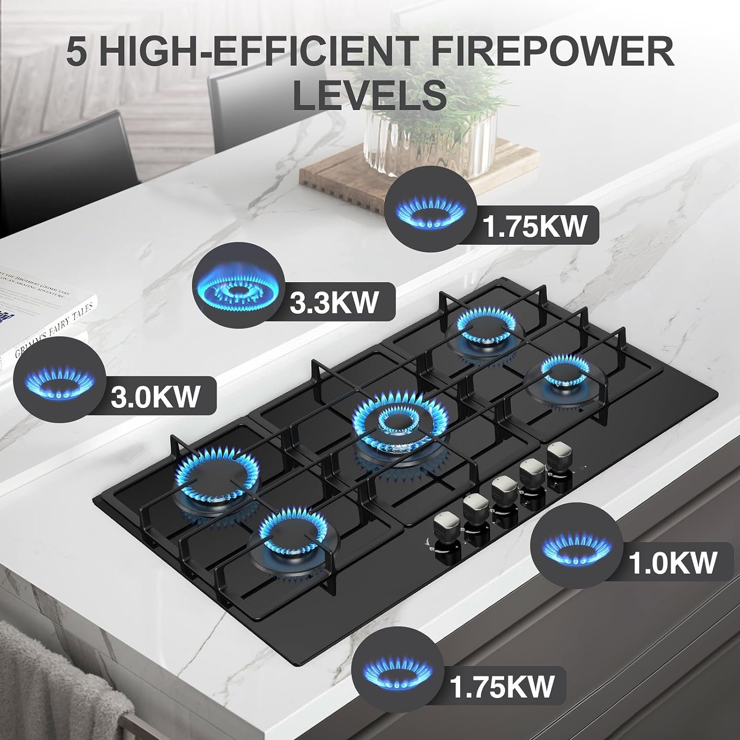 36 Inch Gas Stove, Built-in Propane Gas Cooktop with 5 Burner,Tempered Glass Gas Cooktop NG/LPG Convertible(Black)