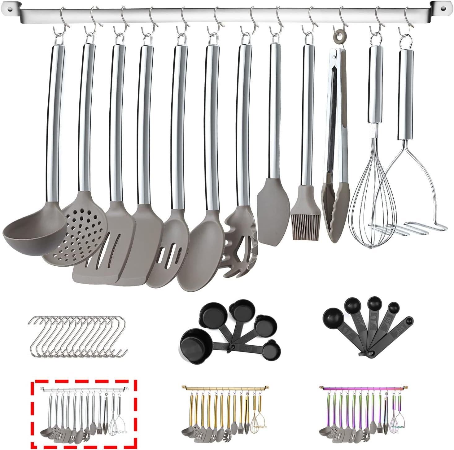 38 Piece Silicone kitchen Cooking Utensils Set with Utensil Rack, Silicone Head and Stainless Steel Handle Cookware, Kitchen Tools for Utensil Sets, Non-Stick kitchen Gadgets, Dishwasher Safe(Silver) 38 Piece Silicone kitchen Cooking Utensils Set with Utensil Rack, Silicone Head and Stainless Steel Handle Cookware, Kitchen Tools for Utensil Sets, Non-Stick kitchen Gadgets, Dishwasher Safe(Silver)