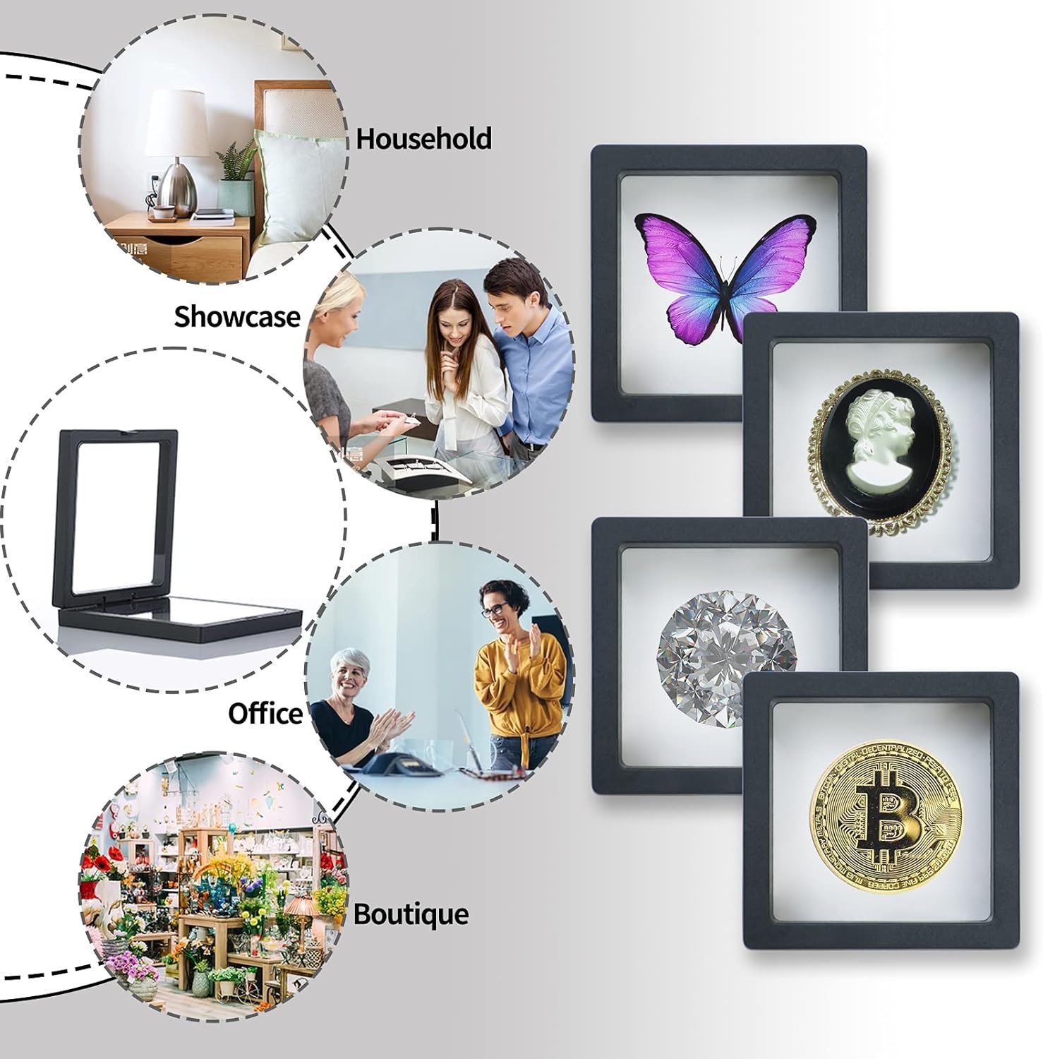 3D Floating Display Case, Transparent Film 3D Floating Coin Display Frame Holder Stands for Challenge Coin AA Medallions Jewerly Fossils Rocks, 2.75 x 2.75 x 0.75 Inches (Black-12Pcs) 3D Floating Display Case, Transparent Film 3D Floating Coin Display Frame Holder Stands for Challenge Coin AA Medallions Jewerly Fossils Rocks, 2.75 x 2.75 x 0.75 Inches (Black-12Pcs)