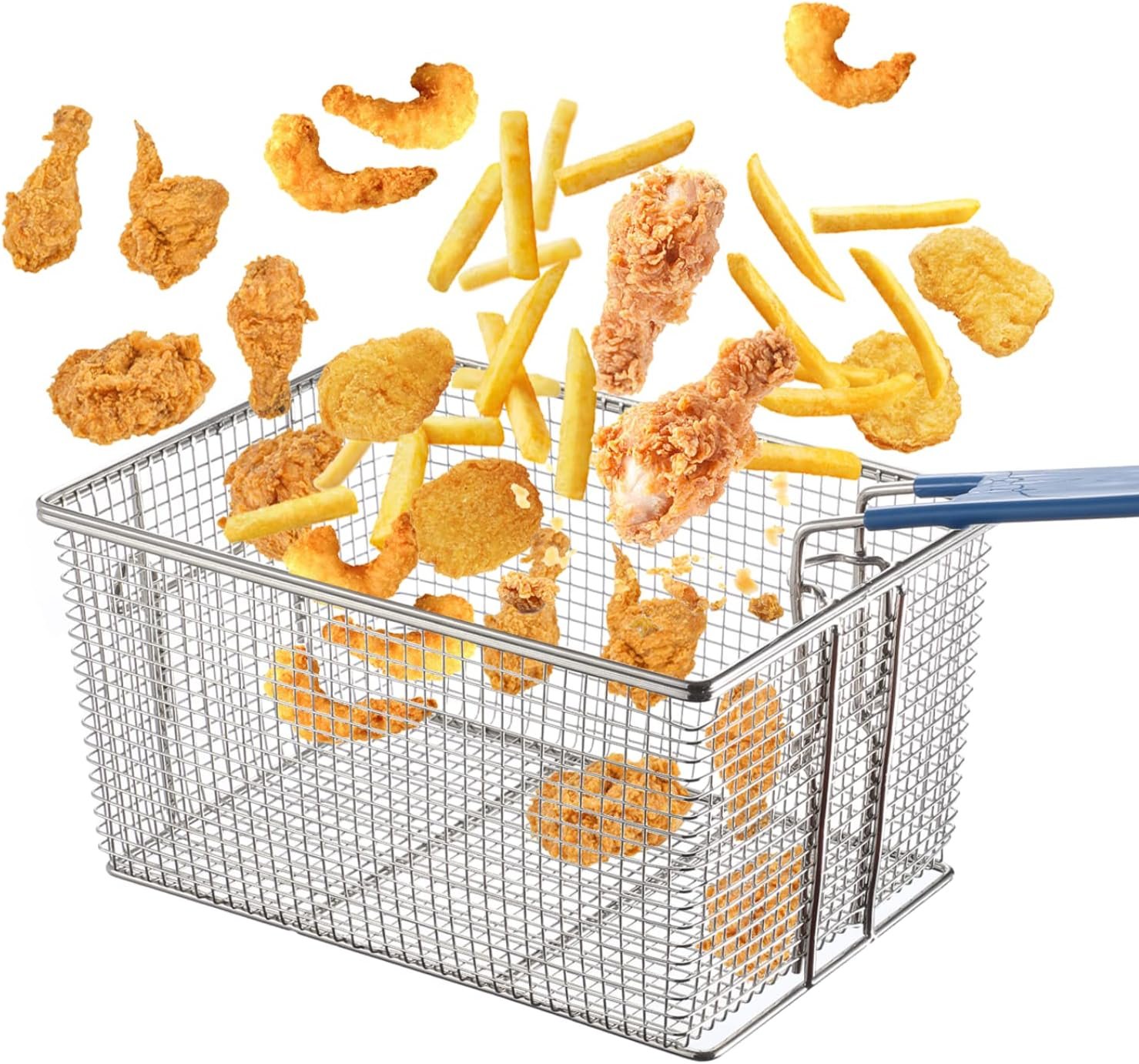 3PCS Deep Fryer Basket, Stainless Steel Fry Basket with Non-Slip Handle, Sturdy Square Food Strainer for Home and Heavy Duty Nickel Plated Iron Construction Commercial Use