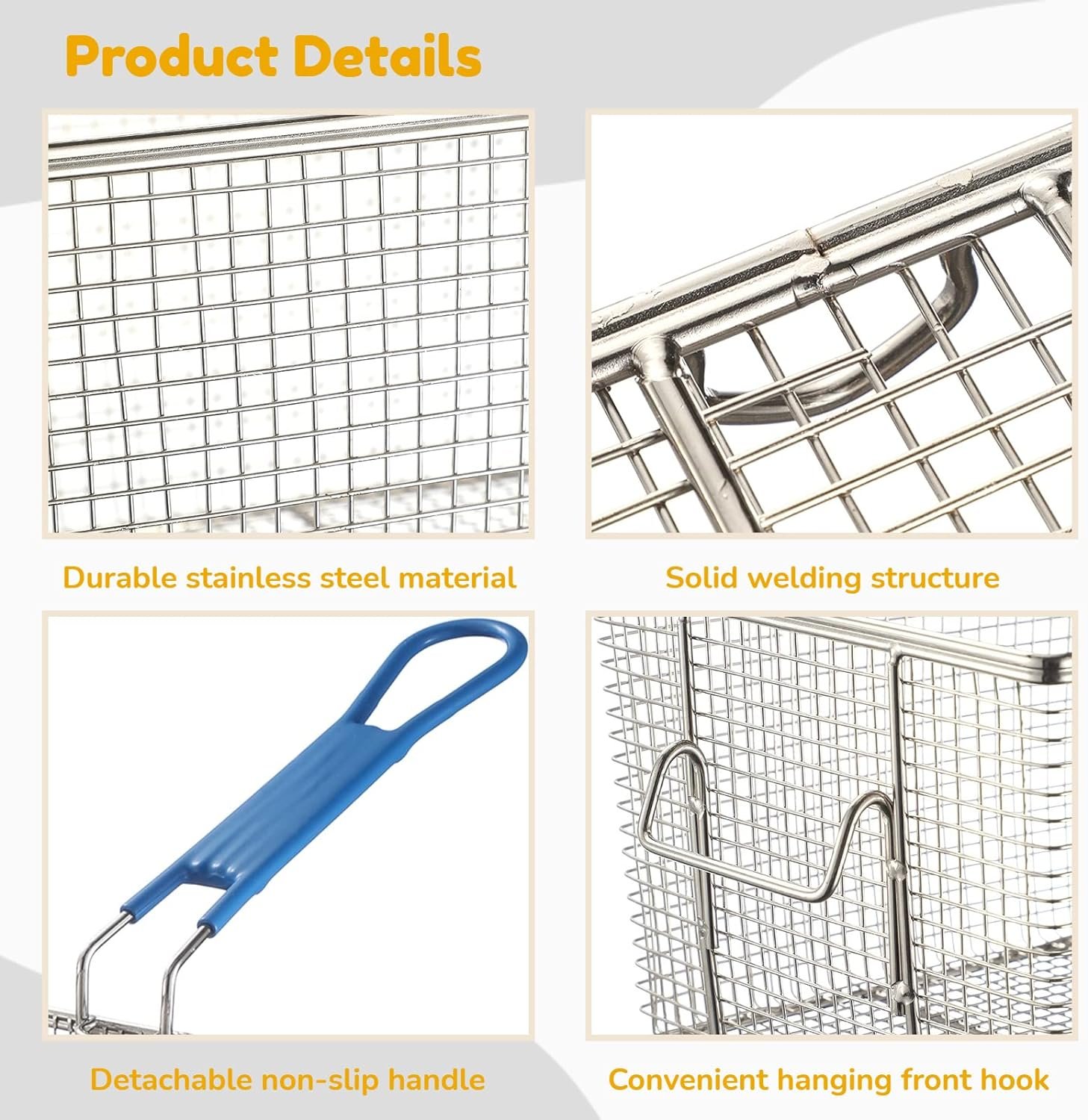 3PCS Deep Fryer Basket, Stainless Steel Fry Basket with Non-Slip Handle, Sturdy Square Food Strainer for Home and Heavy Duty Nickel Plated Iron Construction Commercial Use