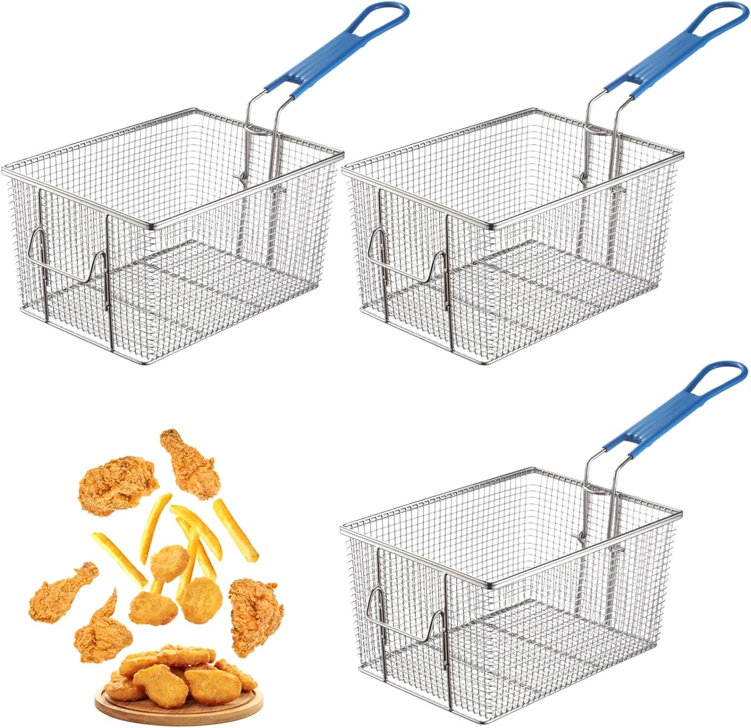 3PCS Deep Fryer Basket, Stainless Steel Fry Basket with Non-Slip Handle, Sturdy Square Food Strainer for Home and Heavy Duty Nickel Plated Iron Construction Commercial Use