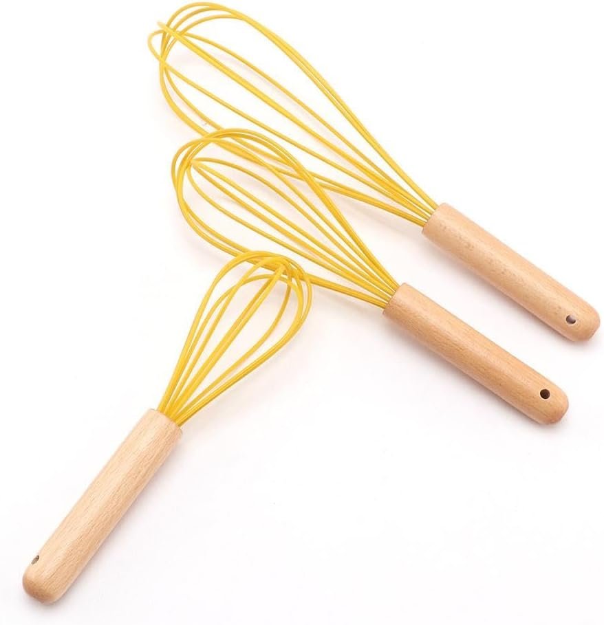 3Pcs Silicone Whisk Set,Manual Egg Beater Wooden Handle Silicone Heat Resistant Whisk,Egg Beater for Blending,FrothingStirring(8inch10inch12inch)