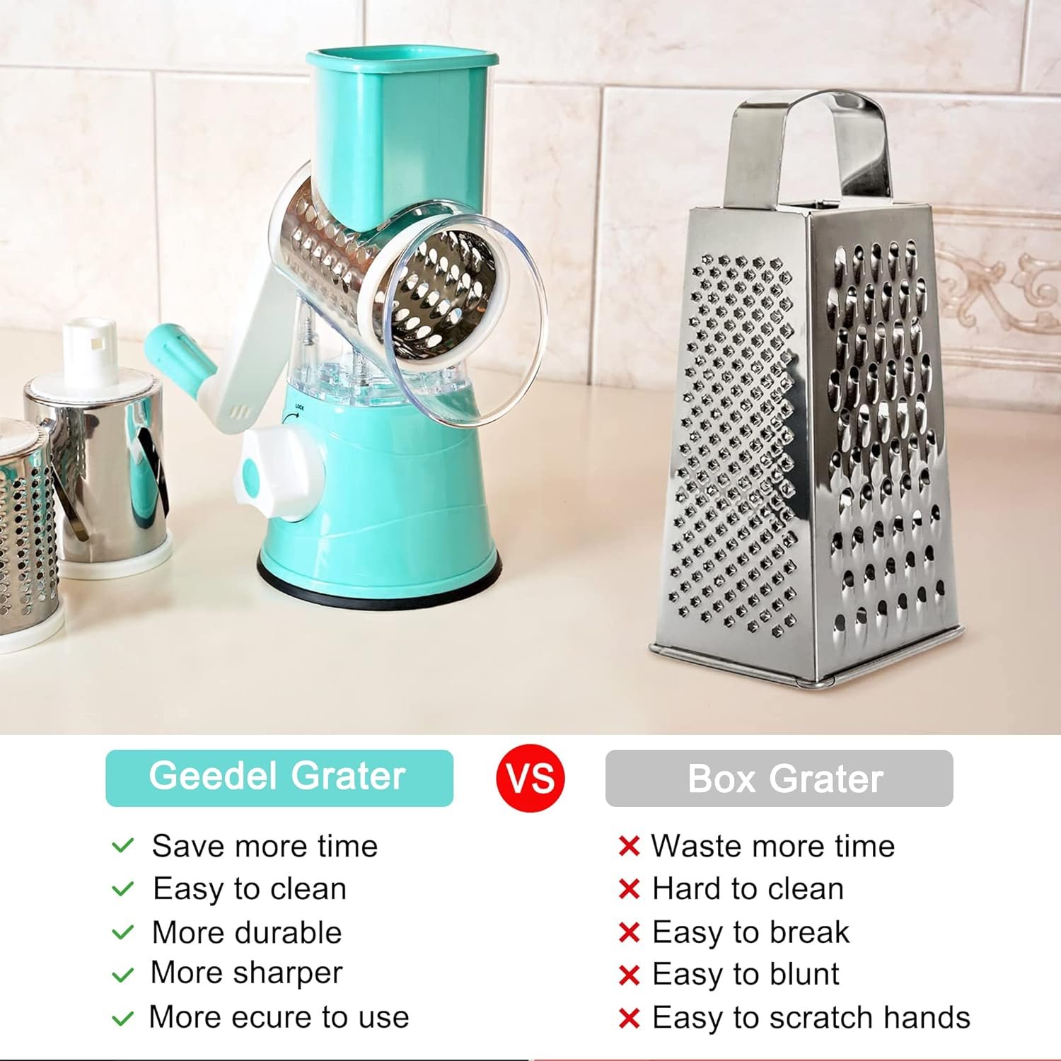 3rd Generation Rotary Cheese Grater, Mandoline Vegetable Slicer with 3 Replacement Blades, Easy to Clean Rotary Shredder for Fruit, Vegetables 3rd Generation Rotary Cheese Grater, Mandoline Vegetable Slicer with 3 Replacement Blades, Easy to Clean Rotary Shredder for Fruit, Vegetables
