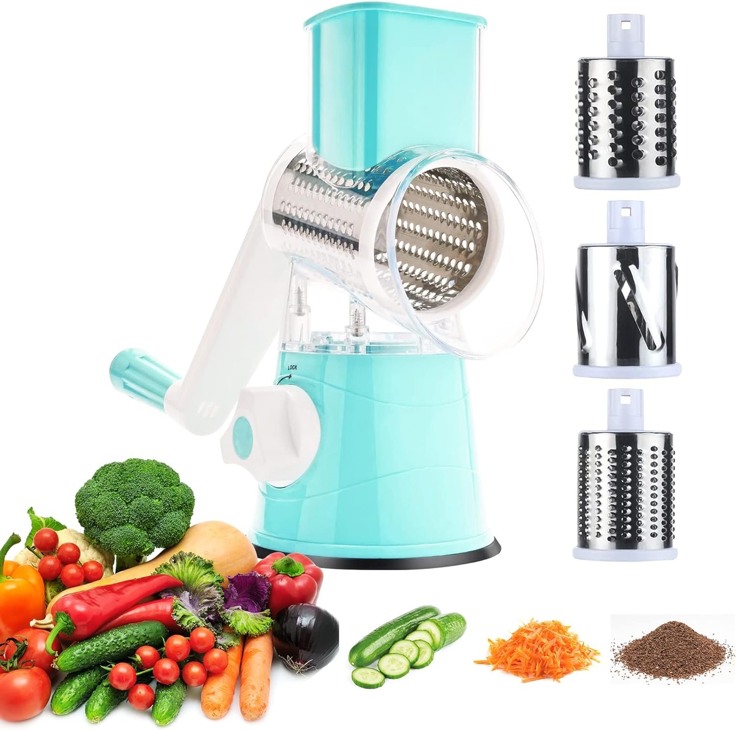 3rd Generation Rotary Cheese Grater, Mandoline Vegetable Slicer with 3 Replacement Blades, Easy to Clean Rotary Shredder for Fruit, Vegetables 3rd Generation Rotary Cheese Grater, Mandoline Vegetable Slicer with 3 Replacement Blades, Easy to Clean Rotary Shredder for Fruit, Vegetables