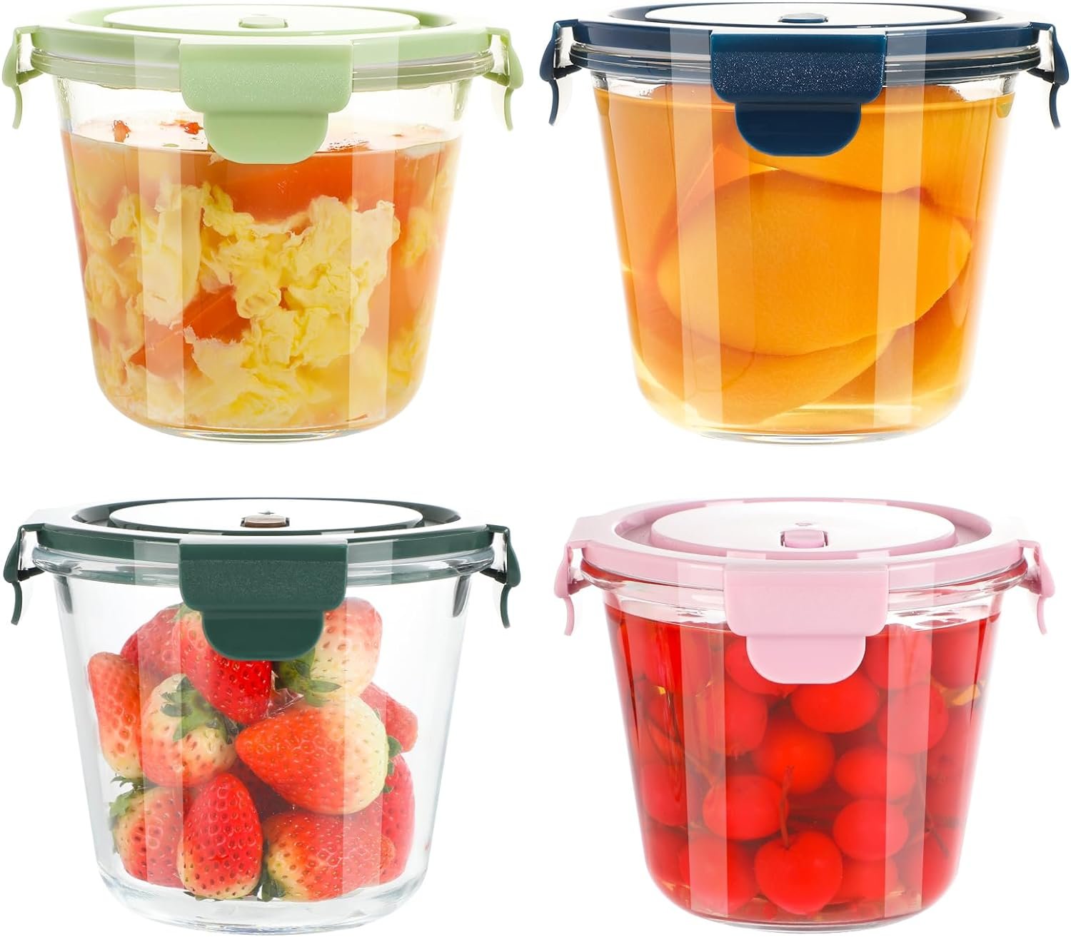 4-Cup/24 Ounce Glass Food Storage Containers, Round Glass Soup Container with Airtight Lids, Leak-proof Soup Stew Food Storage and Meal Prep Container, Microwave Freezer Safe, Set of 4(Clear)