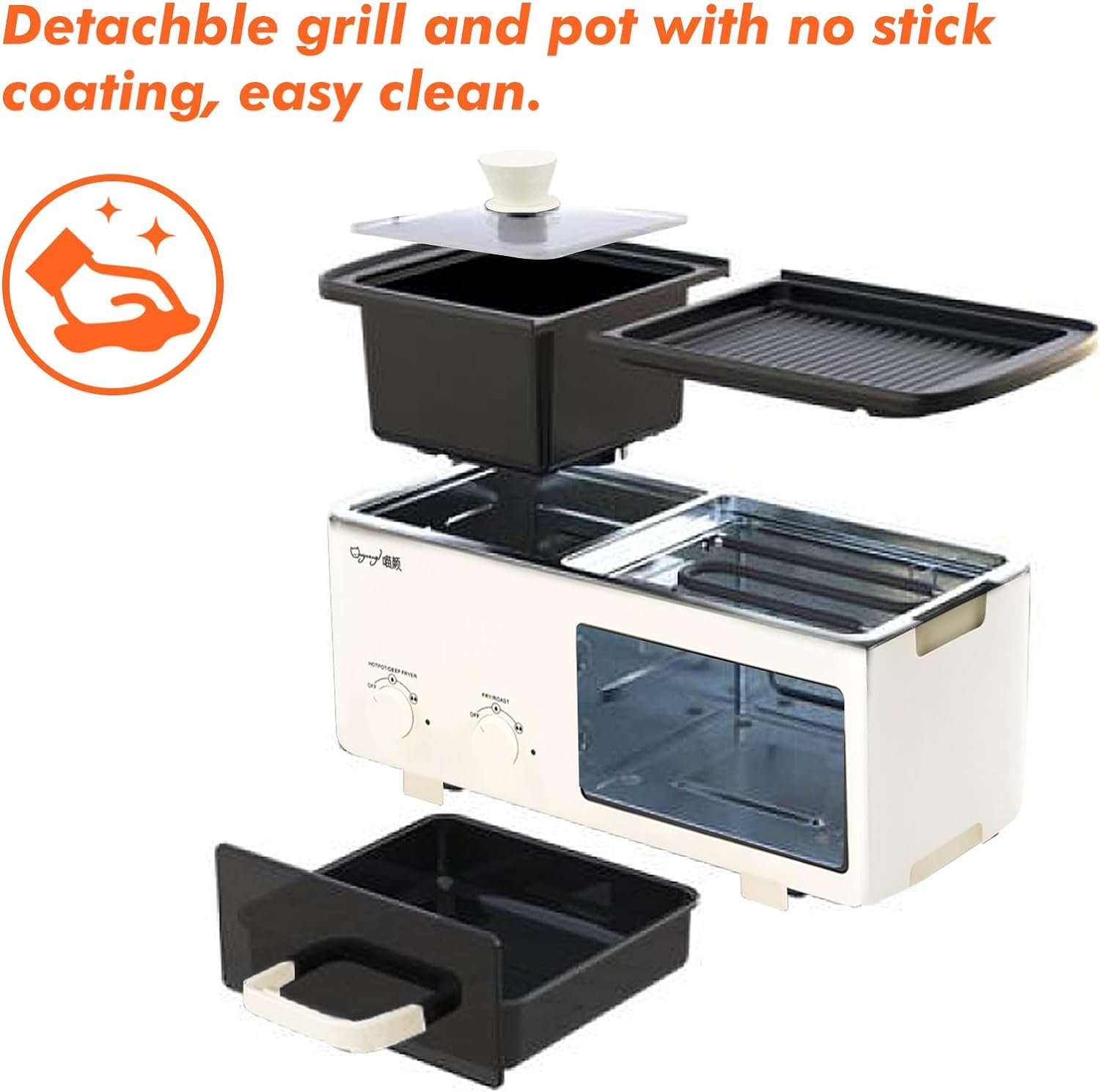 4 in 1 Hot Pot Electric with Grill and Frying Basket, Non-Stick Multi-Cooker with Independent Dual Temperature Control and Fast Heating for Korean BBQ, Simmer, Boil, Fry, Roast, Silver
