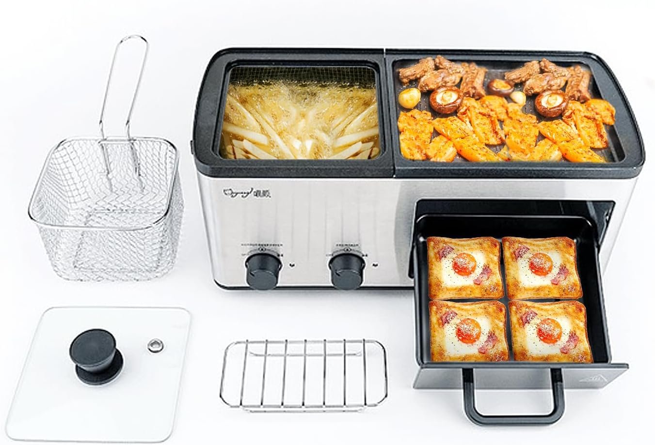 4 in 1 Hot Pot Electric with Grill and Frying Basket, Non-Stick Multi-Cooker with Independent Dual Temperature Control and Fast Heating for Korean BBQ, Simmer, Boil, Fry, Roast, Silver