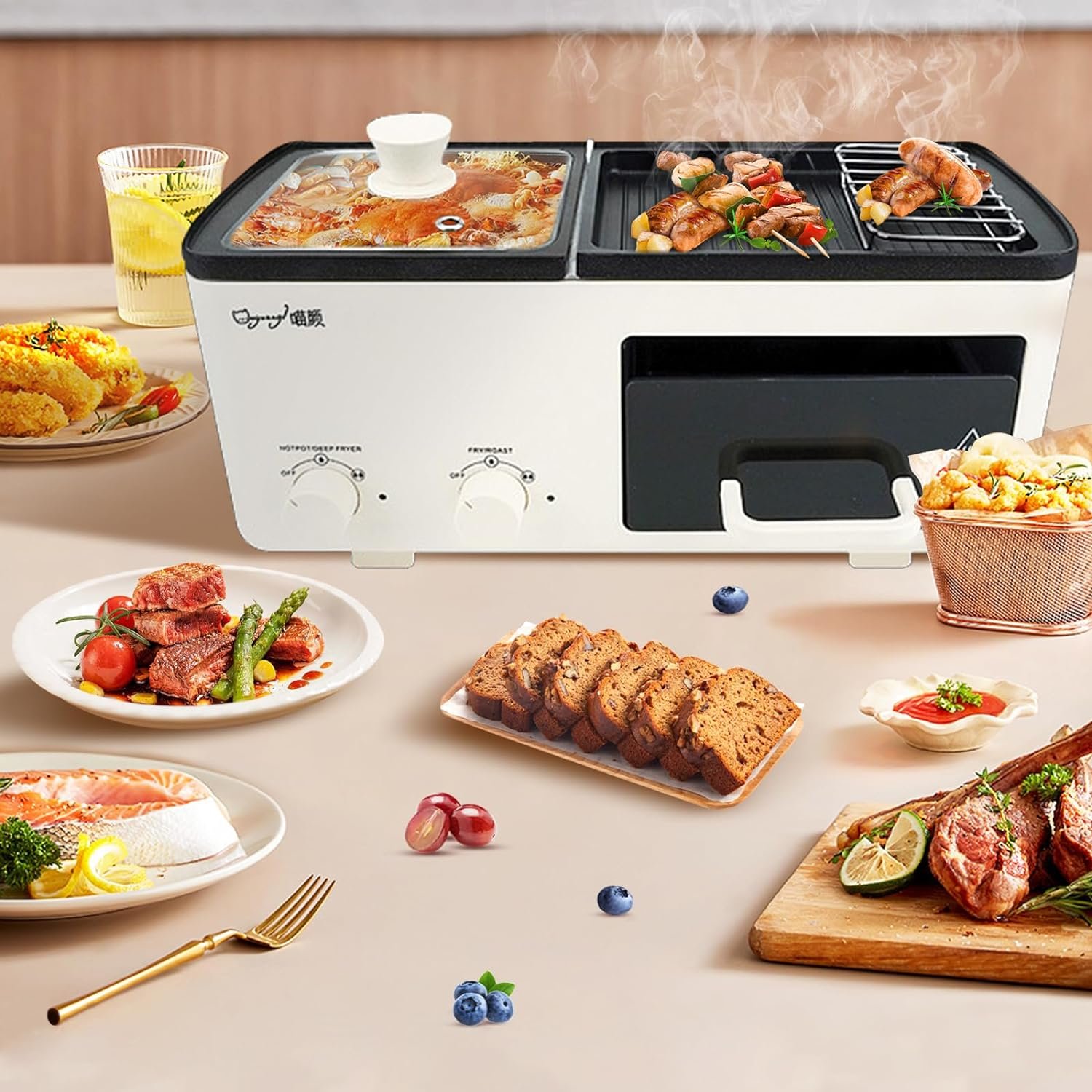 4 in 1 Hot Pot Electric with Grill and Frying Basket, Non-Stick Multi-Cooker with Independent Dual Temperature Control and Fast Heating for Korean BBQ, Simmer, Boil, Fry, Roast, Silver