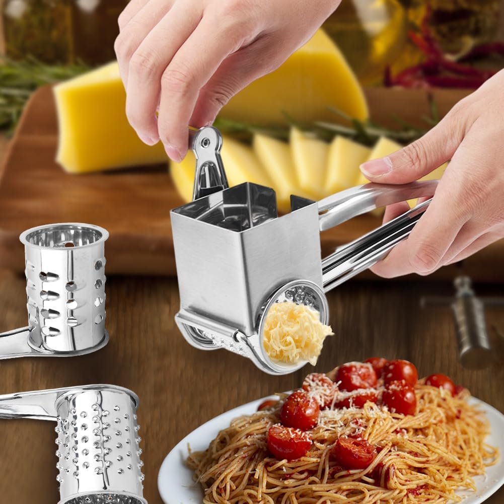 4 in 1 Rotary Cheese Grater, Parmesan Cheese Grater, Cheese Grater with Handle, 4 Blades and 1 Cheese Slicer, Stainless Steel Manual Handheld Grater for Grating Hard Cheese Chocolate 4 in 1 Rotary Cheese Grater, Parmesan Cheese Grater, Cheese Grater with Handle, 4 Blades and 1 Cheese Slicer, Stainless Steel Manual Handheld Grater for Grating Hard Cheese Chocolate