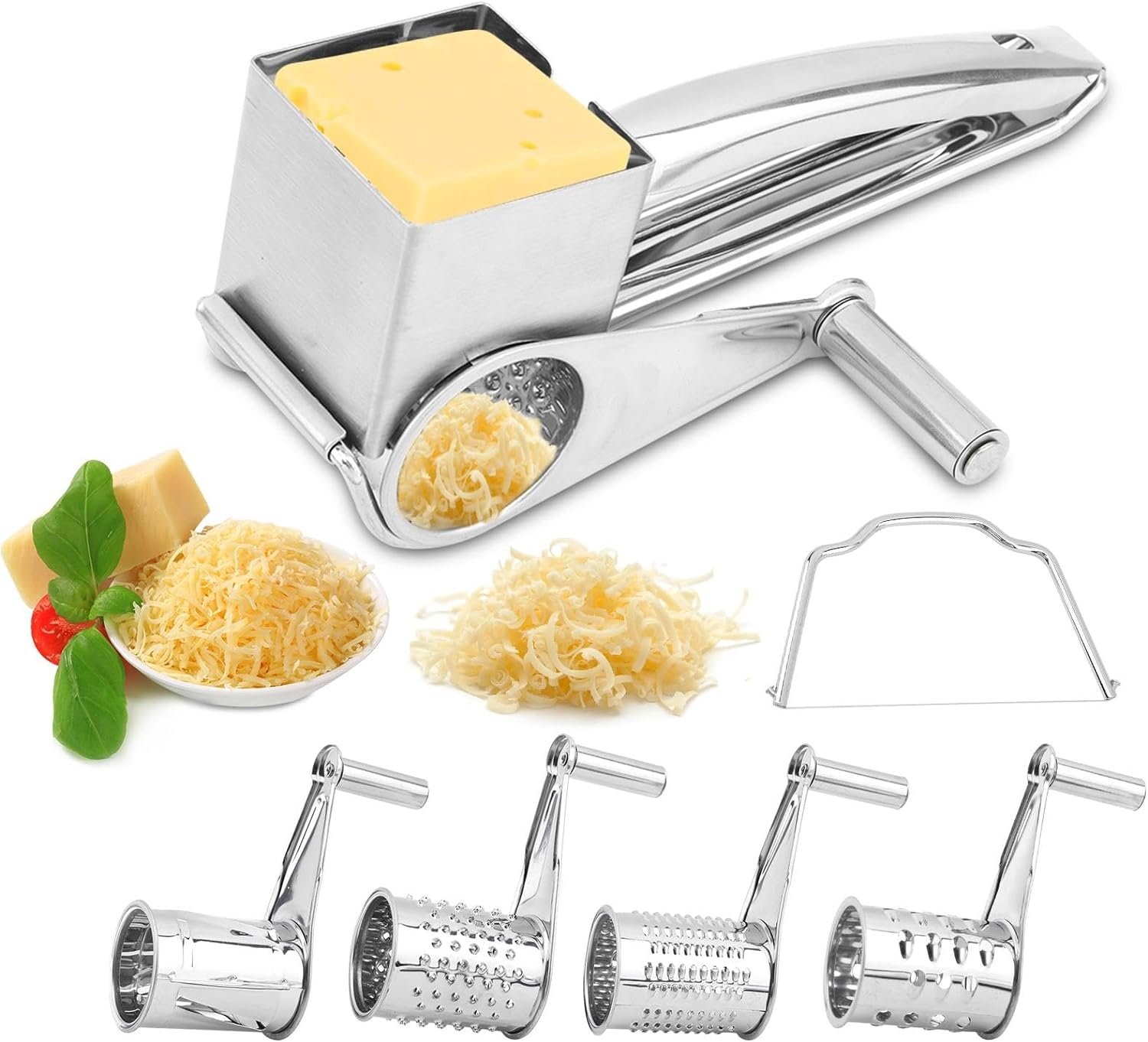 4 in 1 Rotary Cheese Grater, Parmesan Cheese Grater, Cheese Grater with Handle, 4 Blades and 1 Cheese Slicer, Stainless Steel Manual Handheld Grater for Grating Hard Cheese Chocolate 4 in 1 Rotary Cheese Grater, Parmesan Cheese Grater, Cheese Grater with Handle, 4 Blades and 1 Cheese Slicer, Stainless Steel Manual Handheld Grater for Grating Hard Cheese Chocolate