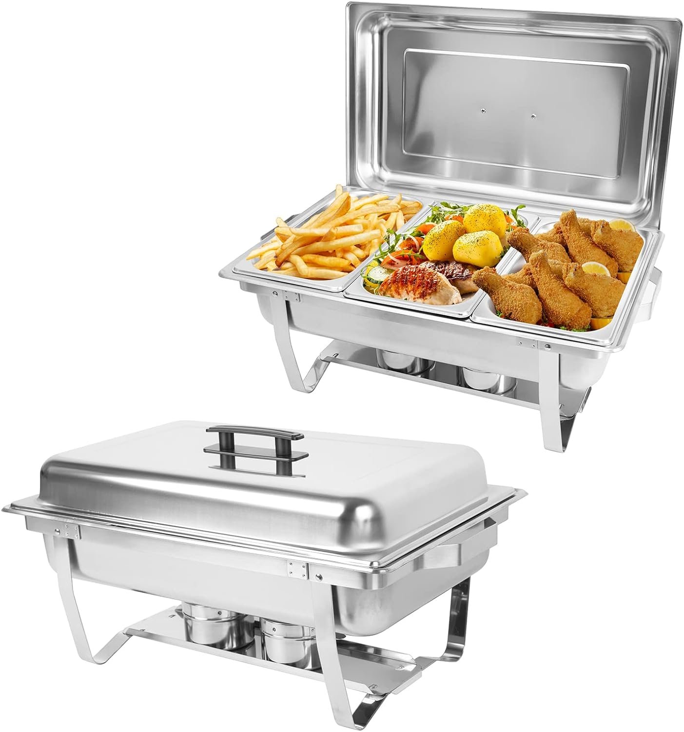 4 Pack Chafing Dish Buffet Set, 8QT Stainless Steel Rectangular Chafers and Buffet Warmer Sets for Catering, Foldable Complete Set with 1/3 Food Pan, Lid, Fuel Holder for Event Party Holiday