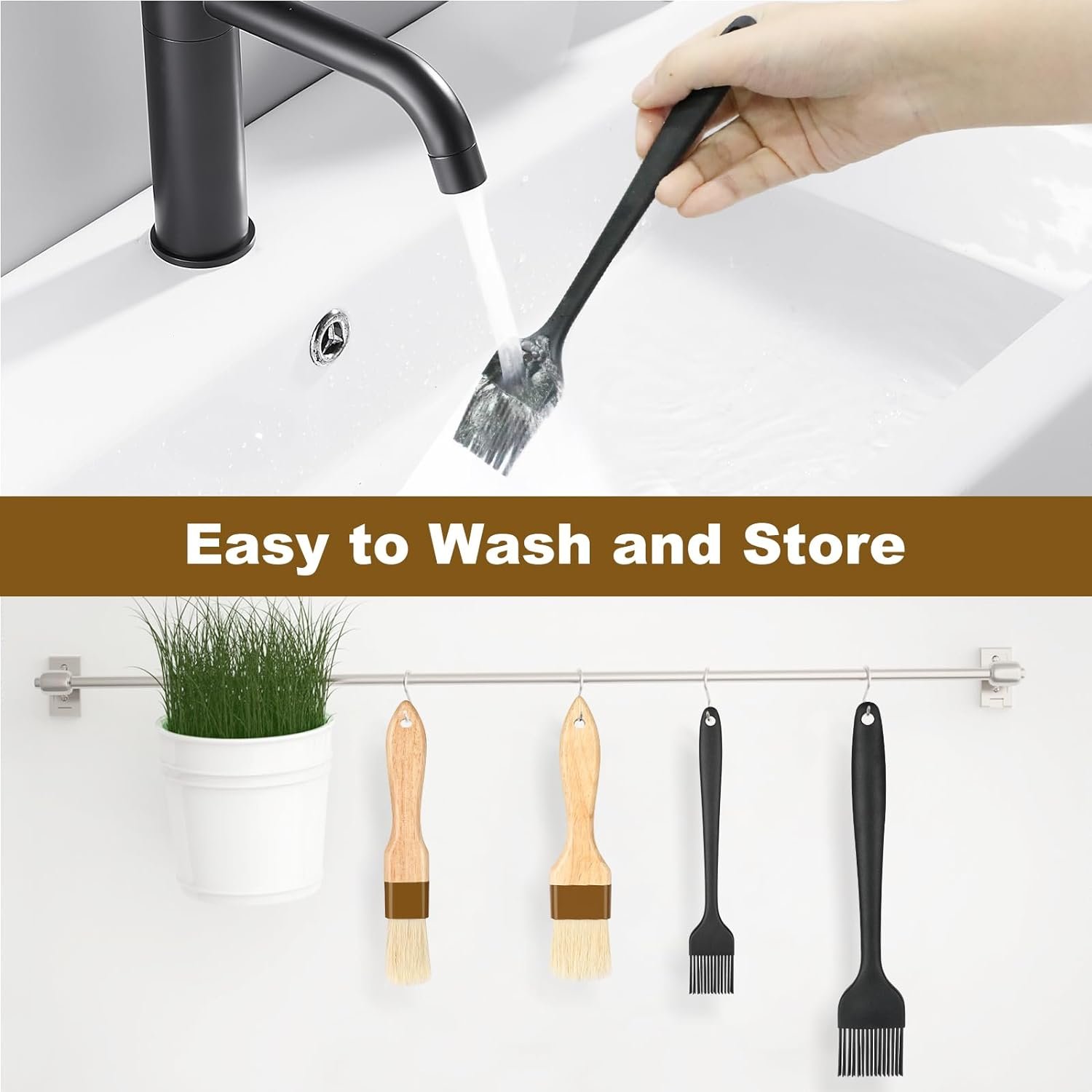 4 Pack Pastry Brush, Wood Basting Brush for Cooking and Baking, Silicone Basting Brush and Food Brushes, Hardwood Handles for Kitchen, Grilling and Spreading Oil, BBQ Sauce