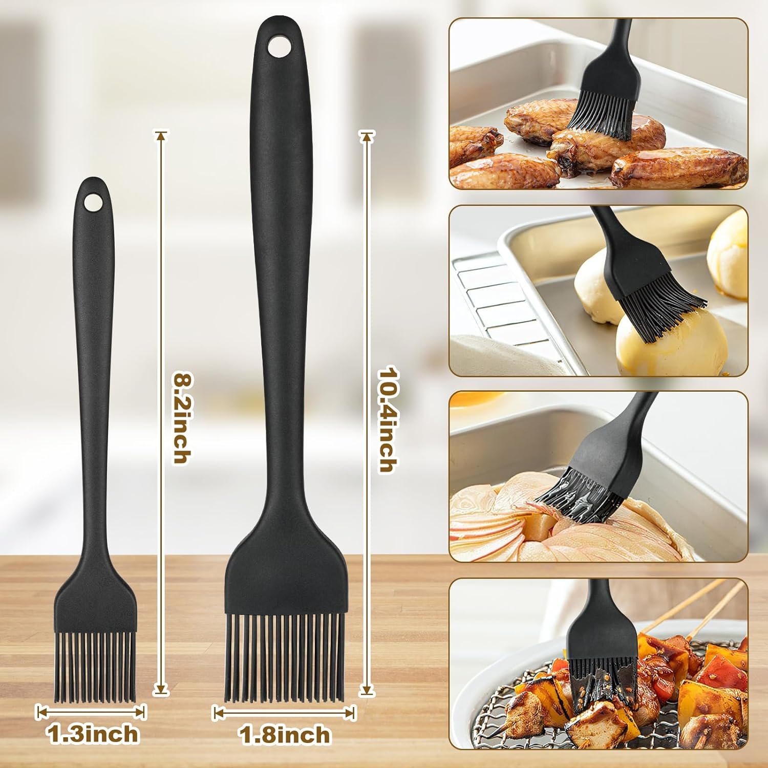 4 Pack Pastry Brush, Wood Basting Brush for Cooking and Baking, Silicone Basting Brush and Food Brushes, Hardwood Handles for Kitchen, Grilling and Spreading Oil, BBQ Sauce