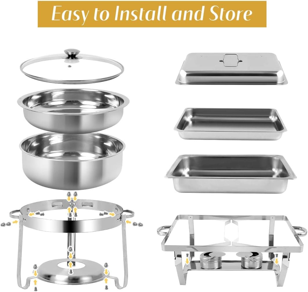 4 Packs 3 QT Round Chafing Dish Buffet Set, Stainless Steel Chafing Dishes with Glass Lid  Holder, Food Warmer for Parties Weddings Banquets Events