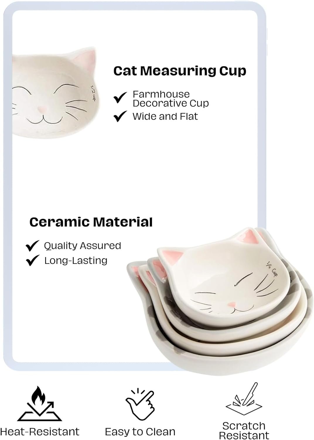 4-pcs Adorable Cat Ceramic Measuring Cups Set - Cute Measuring Cup Set for Kitchen Gadget - Space Saving Kitchen Baking Set - Cute Baking Accessories Measurement Cup - Cat Gifts for Cat Lovers (4pcs)