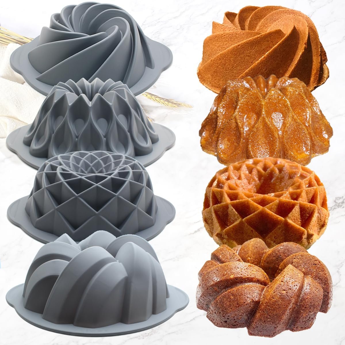 4 Pieces Silicone Fluted Cake Pans, Tube Baking Pan, Silicone Molds for Homemade Cake, Bread and Jello, BPA Free, Grey