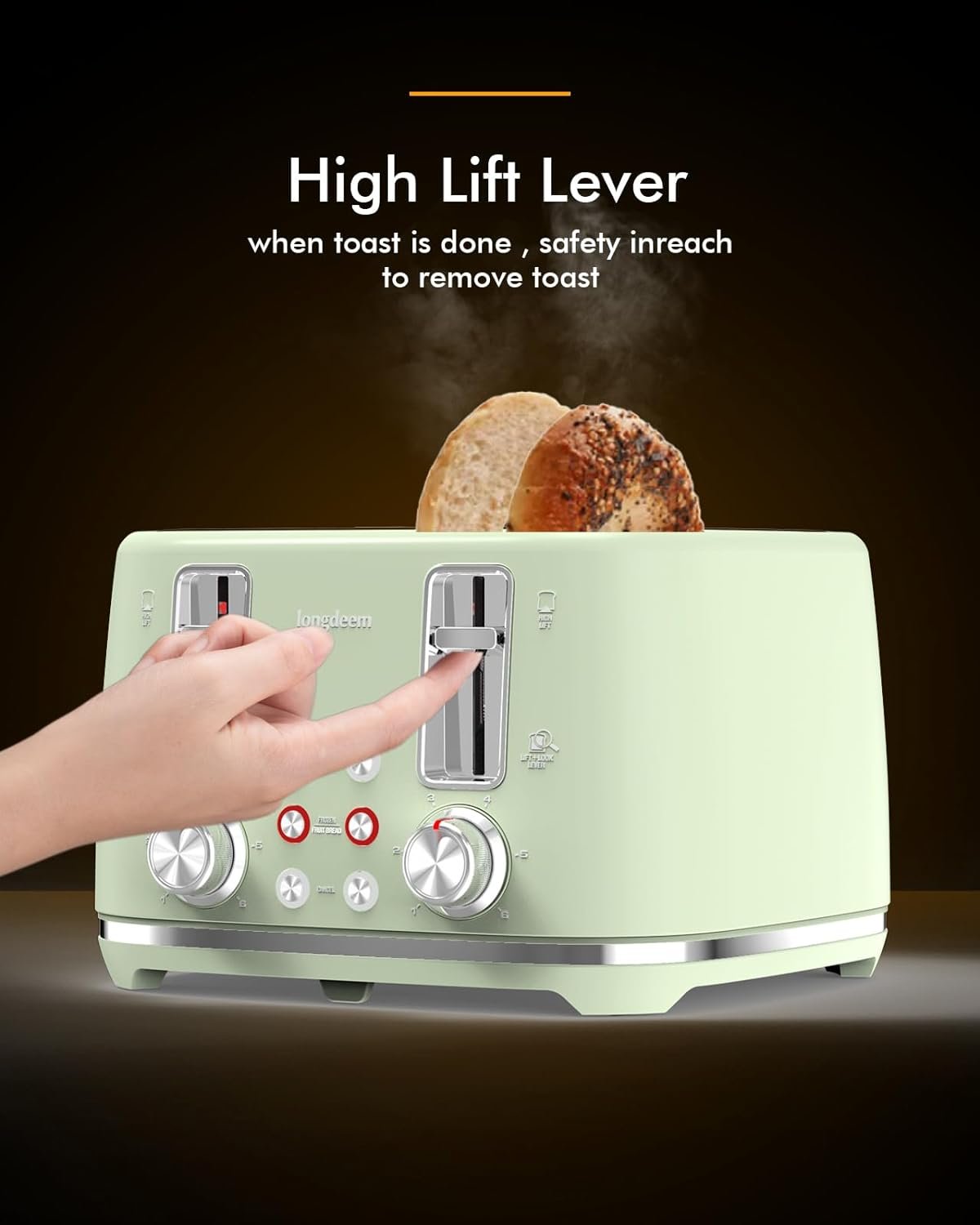 4 Slice Toaster, Extra Wide Slots, Longdeem Retro Stainless Steel Toasters, 6 Browning Options, Lift + Look, Auto Shut Off  Frozen Function, Toast Fruit Bread, Bagel  Waffle, Pastel Green
