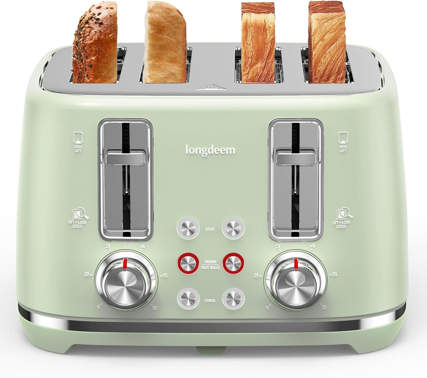 4 Slice Toaster, Extra Wide Slots, Longdeem Retro Stainless Steel Toasters, 6 Browning Options, Lift + Look, Auto Shut Off  Frozen Function, Toast Fruit Bread, Bagel  Waffle, Pastel Green