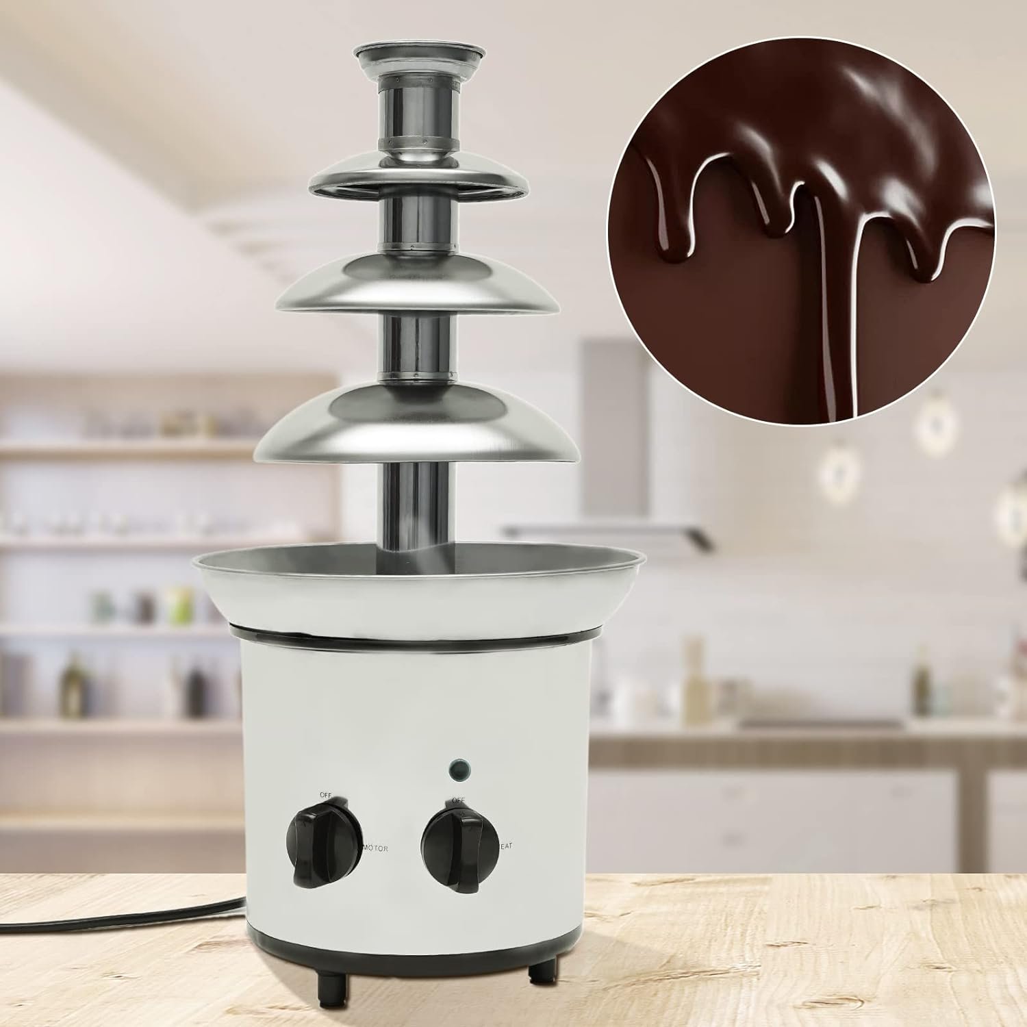4-Tier Chocolate Fondue Fountain Machine, Stainless Steel Electric Hot Chocolate Fondue Tower, 2.2lbs Chocolate Warm Dipping Machine for Parties Restaurant Wedding