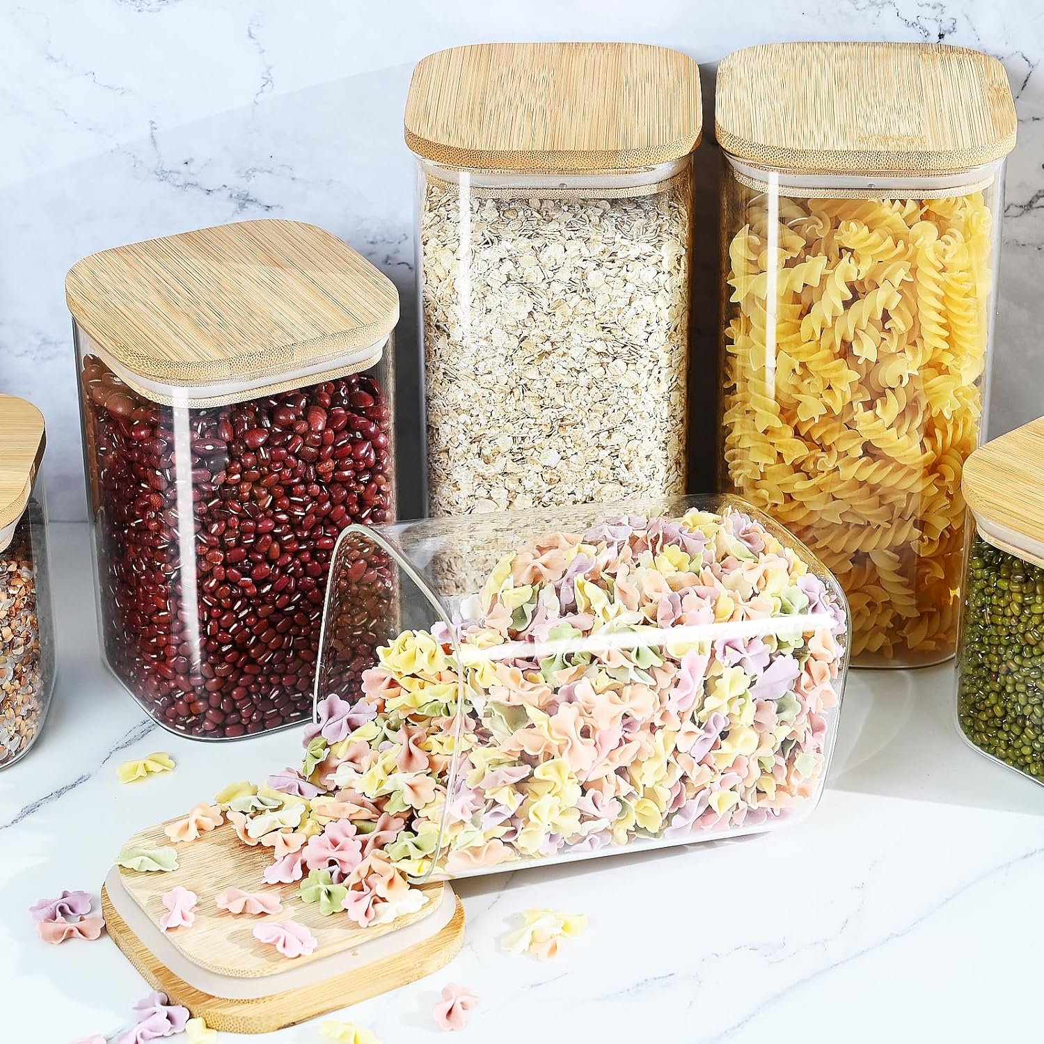 40oz Glass Food Storage Jars with Bamboo Lids, Clear Square Airtight Kitchen Storage Container Sets, Stackable Glass Pantry Food Canisters for kitchen Counter, Candy, Cookie, Rice, Cereal (Set of 4) 40oz Glass Food Storage Jars with Bamboo Lids, Clear Square Airtight Kitchen Storage Container Sets, Stackable Glass Pantry Food Canisters for kitchen Counter, Candy, Cookie, Rice, Cereal (Set of 4)