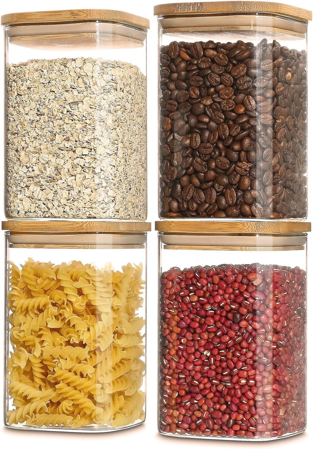 40oz Glass Food Storage Jars with Bamboo Lids, Clear Square Airtight Kitchen Storage Container Sets, Stackable Glass Pantry Food Canisters for kitchen Counter, Candy, Cookie, Rice, Cereal (Set of 4) 40oz Glass Food Storage Jars with Bamboo Lids, Clear Square Airtight Kitchen Storage Container Sets, Stackable Glass Pantry Food Canisters for kitchen Counter, Candy, Cookie, Rice, Cereal (Set of 4)