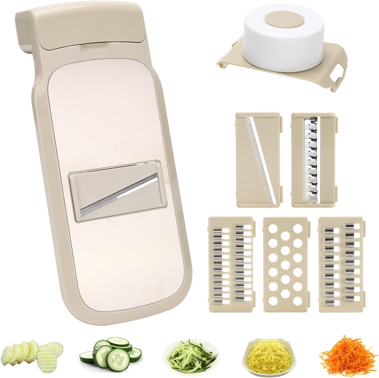5 in 1 Adjustable Mandoline Food Slicer for Kitchen Removable Blade Grip Handle Multipurpose Mandoline Chopper Potato Slicer Fruit Vegetable Cheese Onion Slicer Maker Grater(Khaki)