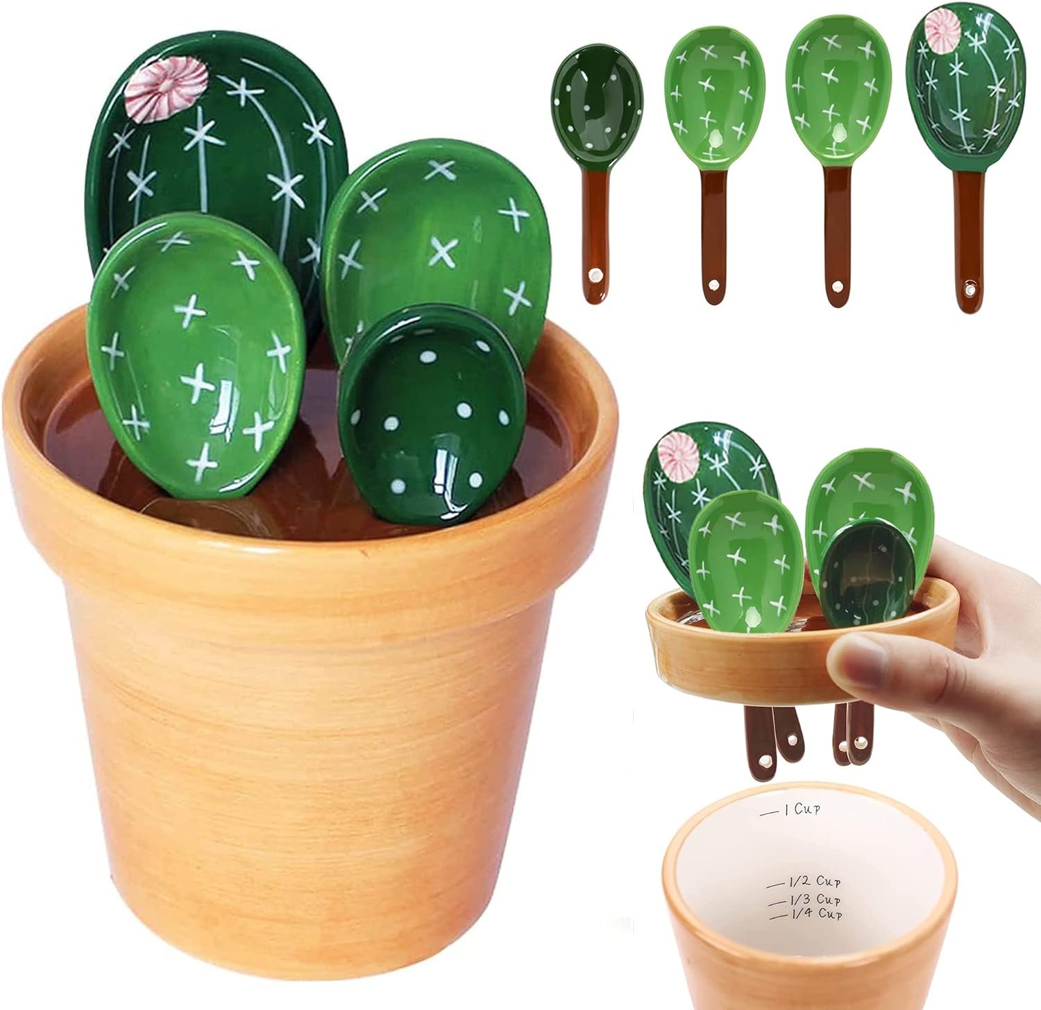 5 Pieces Measuring Spoons Set/Ceramics Spoons and Measuring Base Cup/for Dry and Liquid Ingredient, Cute Cactus Shape (Solid color base)