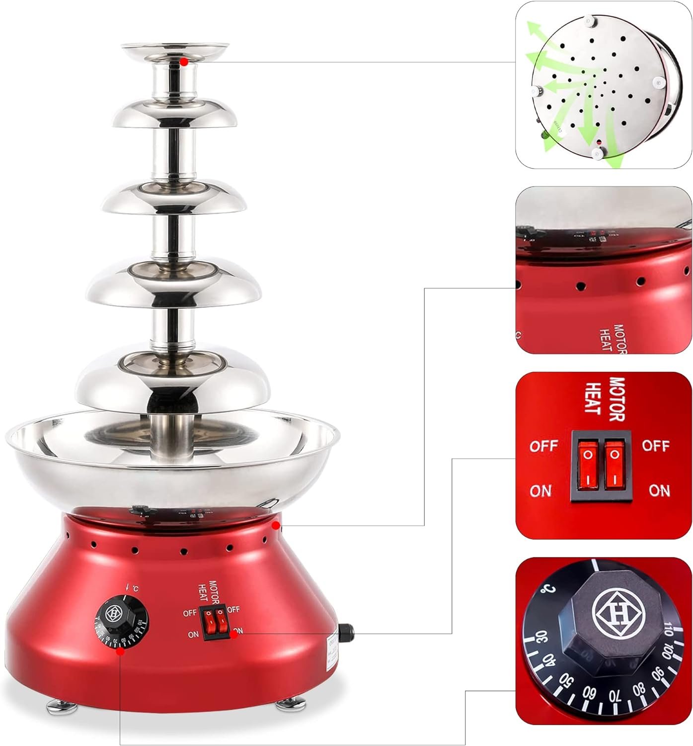5 Tier Electric Chocolate Fondue Fountain Machine Stainless Steel Fondue Pot Set for Cheese  Chocolate 3000ML Capacity for Chocolate Candy Butter Cheese