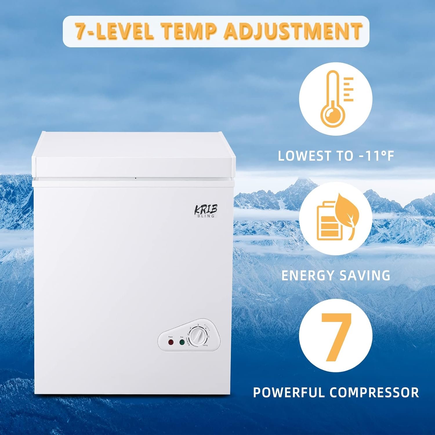 5.0 Cu.Ft Compact Chest Freezer with Removable Basket, Krib Bling Top Door Open Freestanding Deep Freezer with 7 Gears Temperature Adjustment, Ideal for Home, Kitchen  Office, White